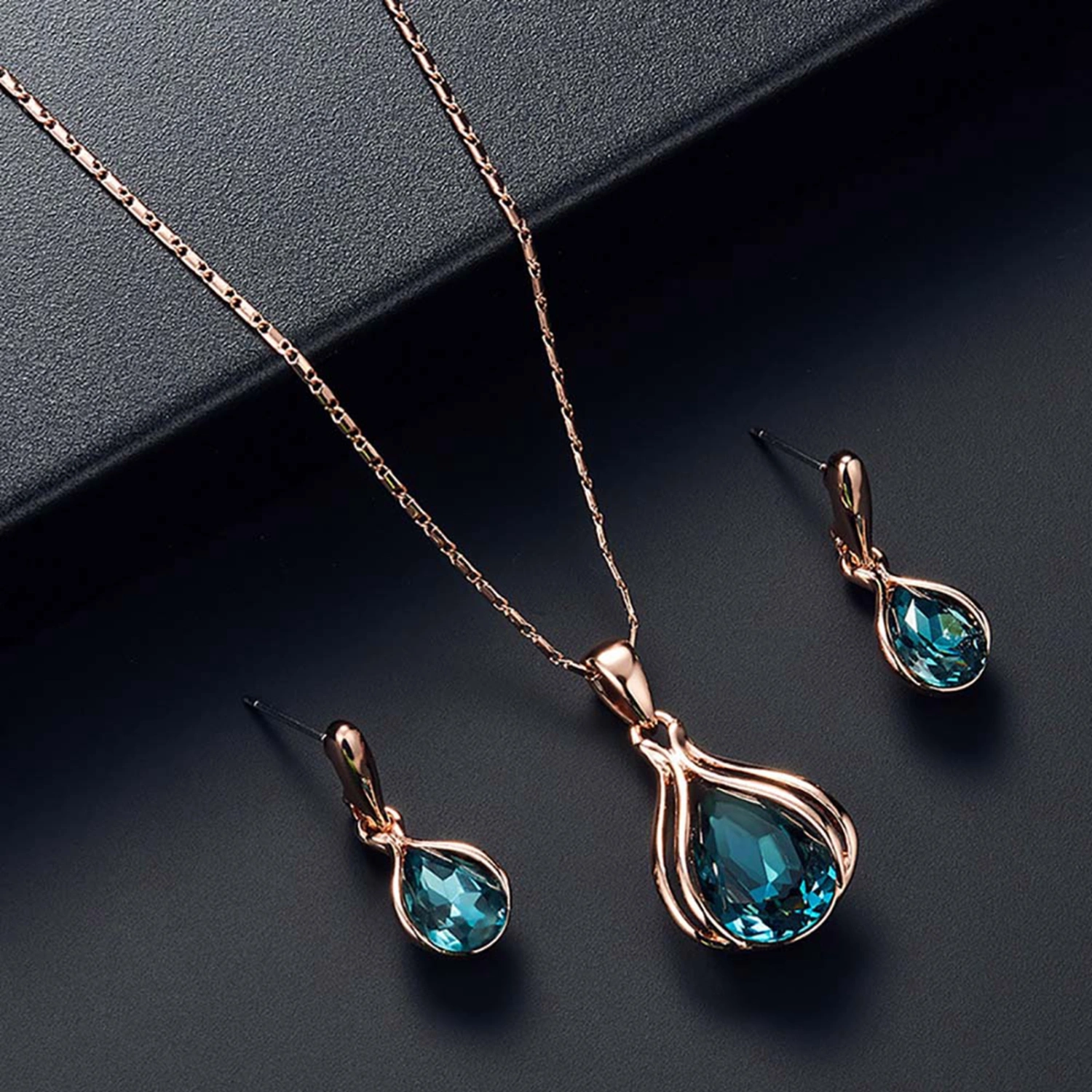Women Cubic Zirconia Water Drop Pendant Necklace Ear Stud Earrings Jewelry Set