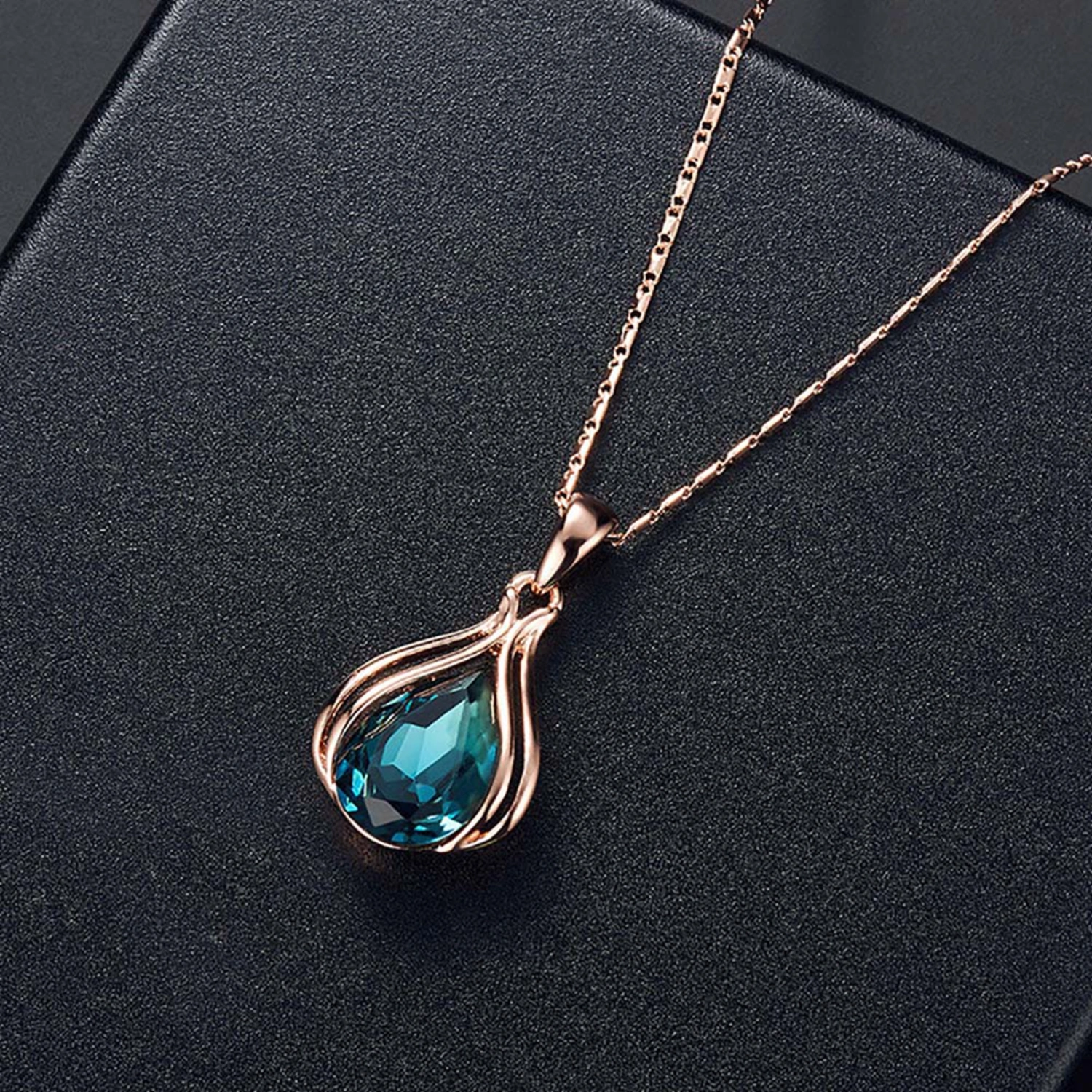 Women Cubic Zirconia Water Drop Pendant Necklace Ear Stud Earrings Jewelry Set