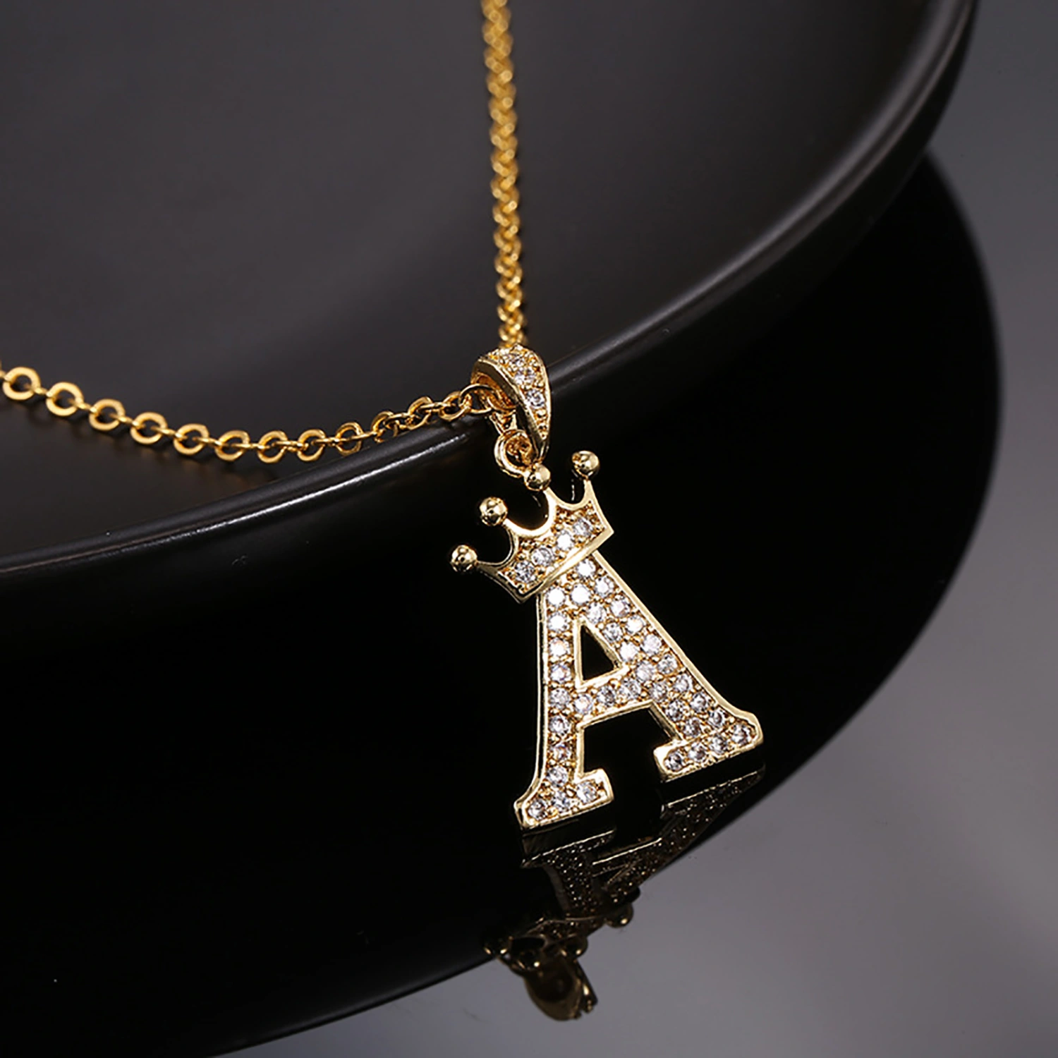 Letter Necklace Rhinestone Crown Letter Pendant Adjustable Chain Women Necklace for Gift