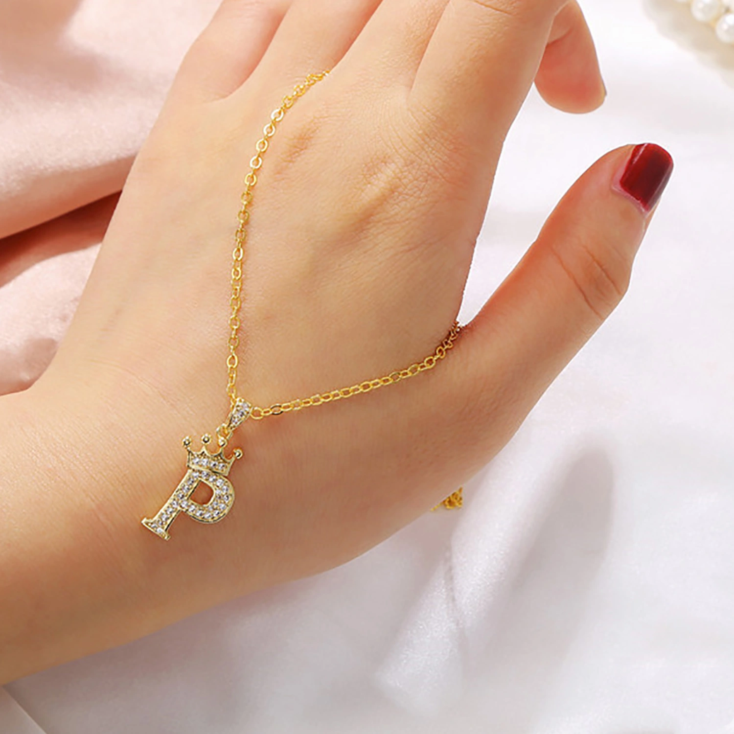 Letter Necklace Rhinestone Crown Letter Pendant Adjustable Chain Women Necklace for Gift