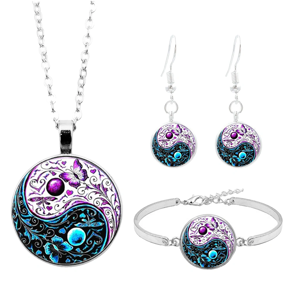 Vintage Women Round Pendant Chain Necklace Hook Earrings Bracelet Jewelry Set