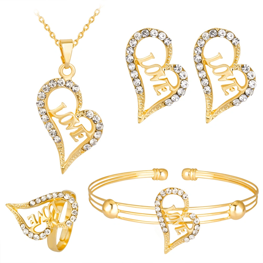 Women Rhinestone Heart LOVE Pendant Necklace Earrrings Bracelet Ring Jewelry Set