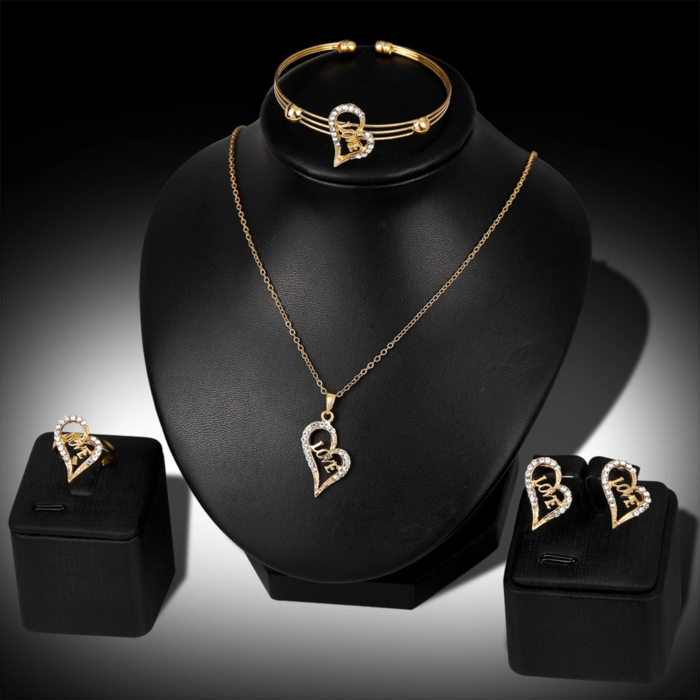 Women Rhinestone Heart LOVE Pendant Necklace Earrrings Bracelet Ring Jewelry Set