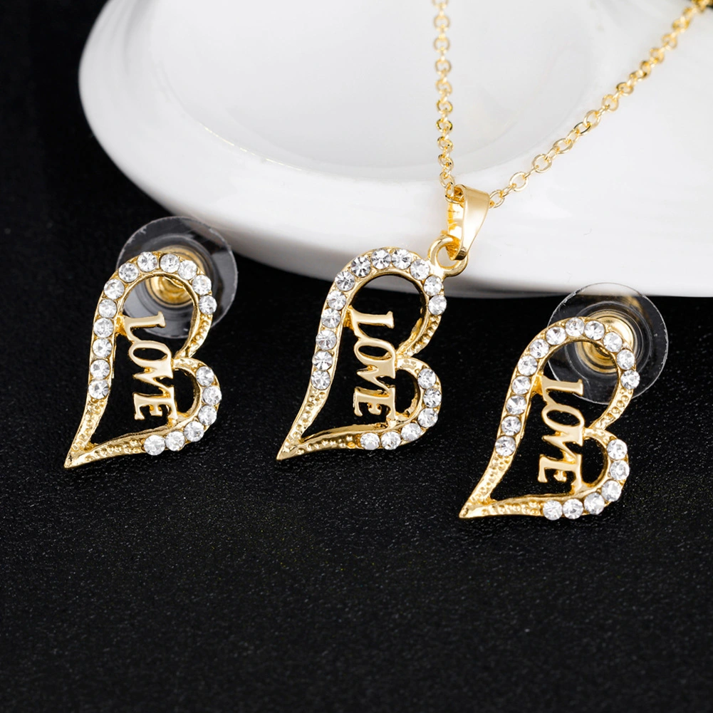 Women Rhinestone Heart LOVE Pendant Necklace Earrrings Bracelet Ring Jewelry Set