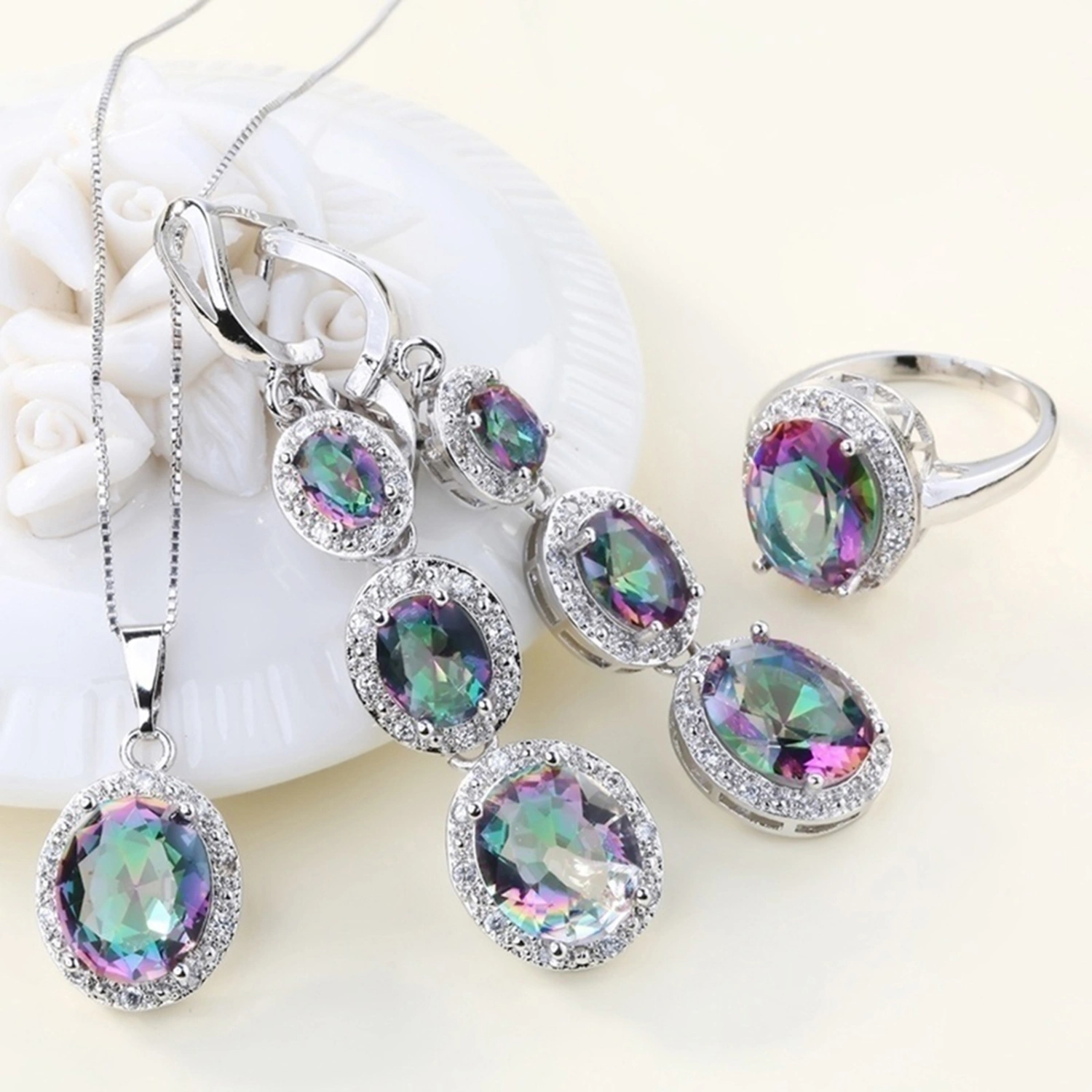 3Pcs Necklace Fashion Elegant Multicolor Faux Topaz Pendant Jewelry Set for Women