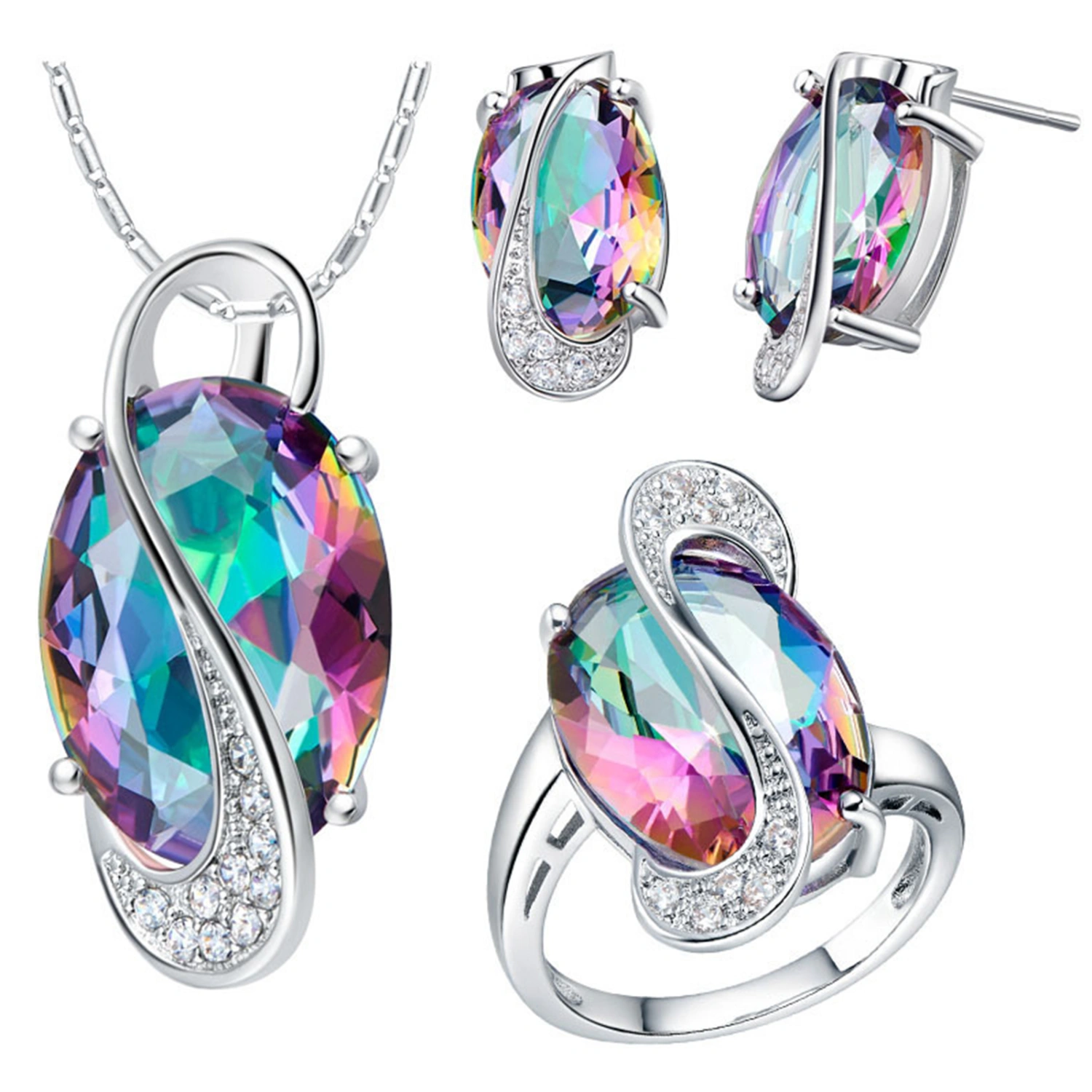 1 Set Necklace Earrings Ring Geometric Rhinestones Sparkling Plated Women Jewelry Set for Prom