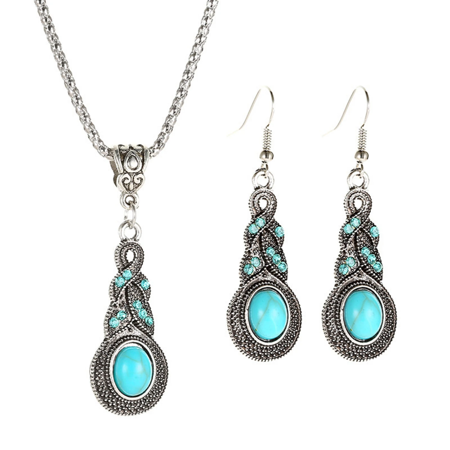 1 Set Women Necklace Earrings Faux Turquoise Vintage Jewelry Electroplating Sparkling Jewelry Set for Party