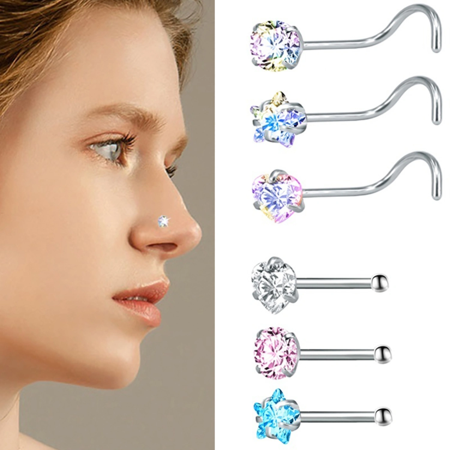 3Pcs Nose Stud Star Heart Stainless Steel Cubic Zircon Nose Rings for Party