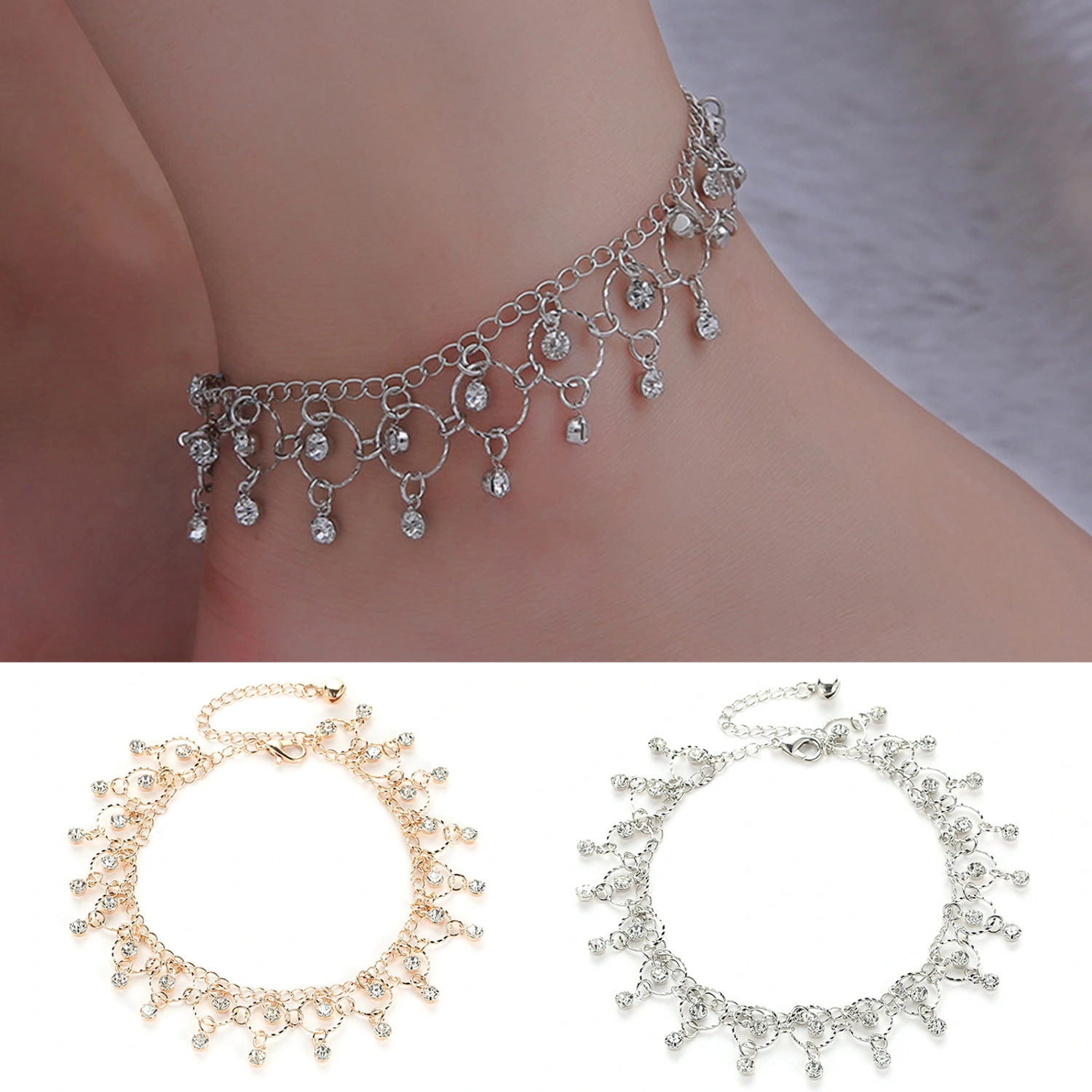 Women Anklet Geometric Pendant Tassels Jewelry Sparkling Rhinestones Chain Anklet Beachwear