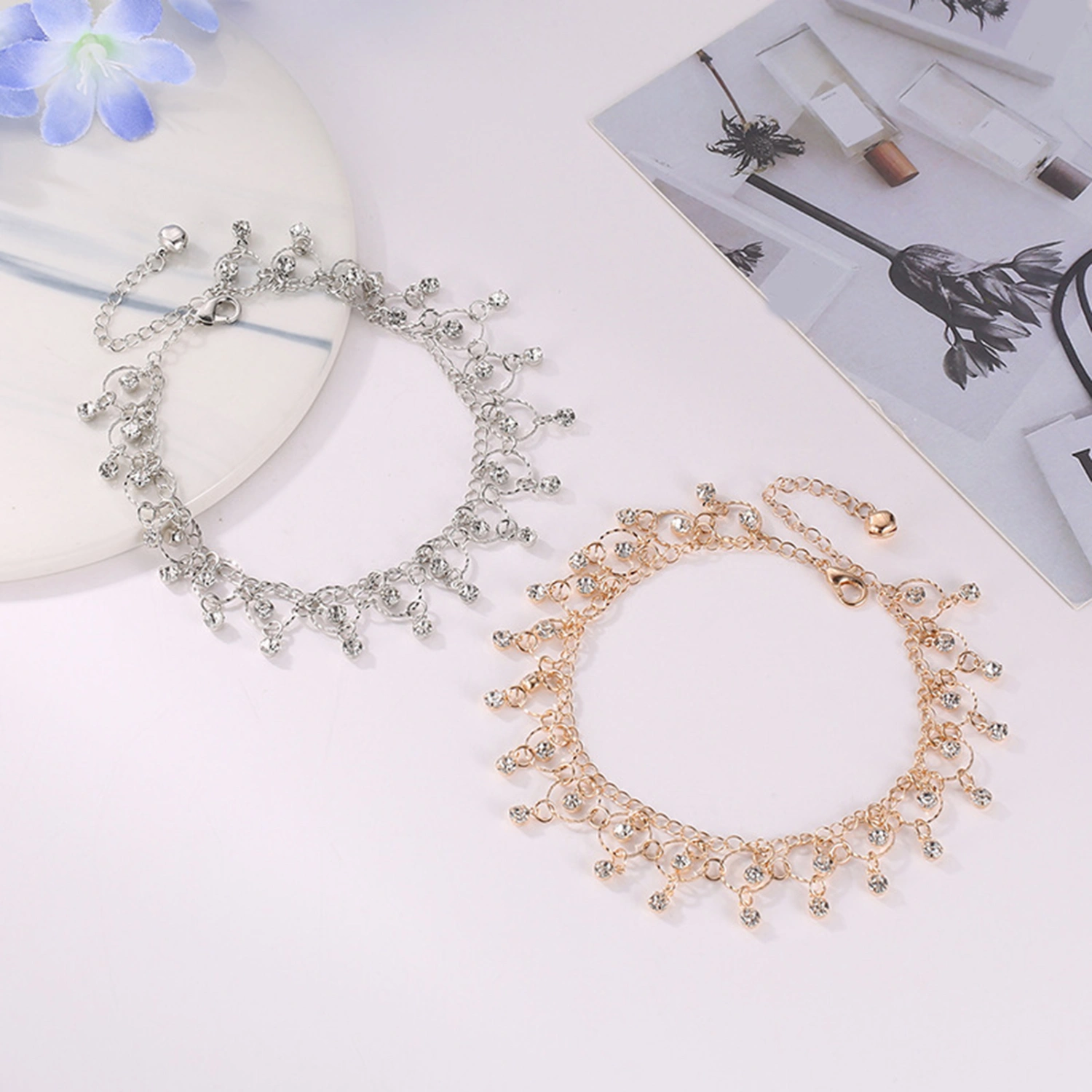 Women Anklet Geometric Pendant Tassels Jewelry Sparkling Rhinestones Chain Anklet Beachwear