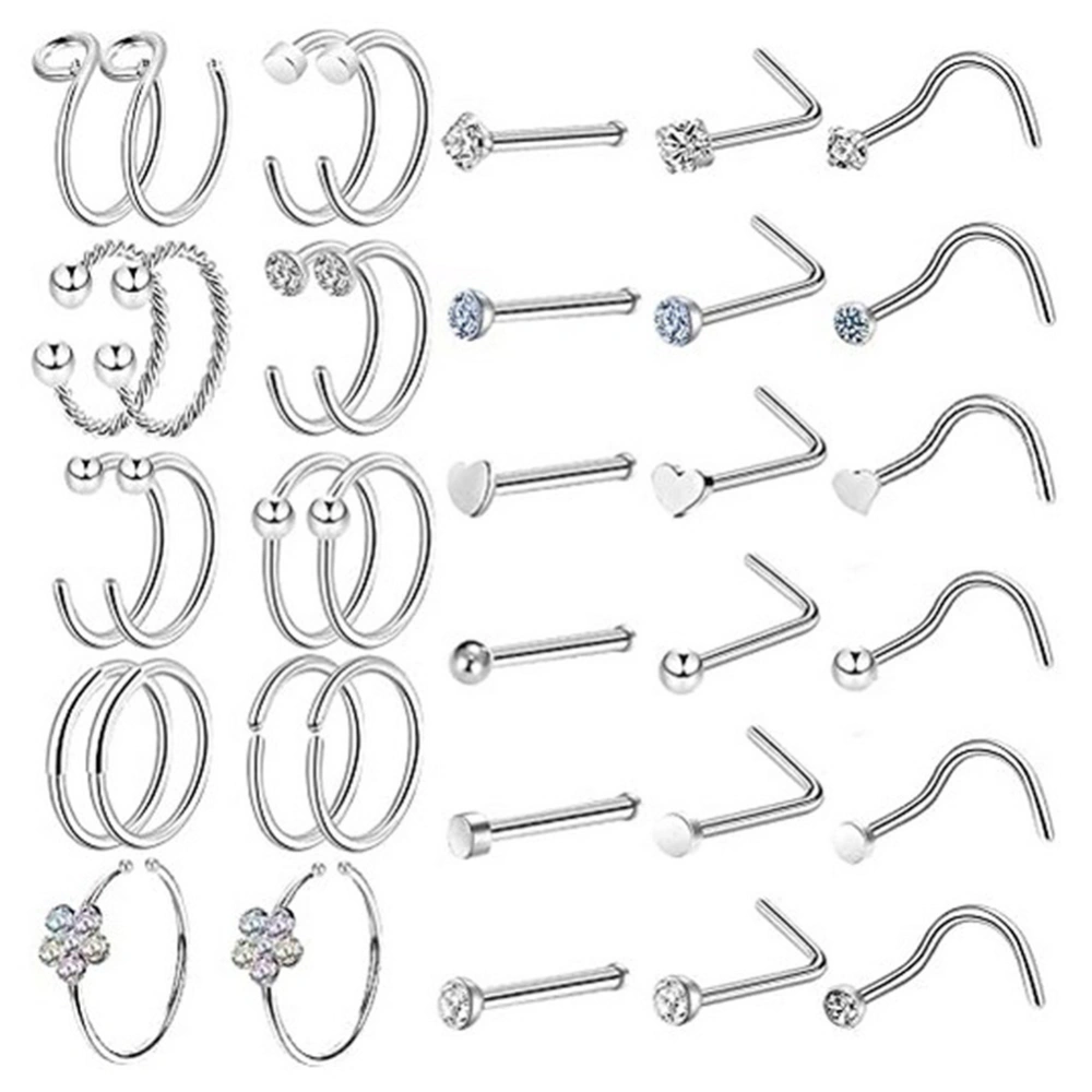 36Pcs Unisex C Shape Rhinestone Nose Ring Stud Body Piercing Kit Jewelry Gift