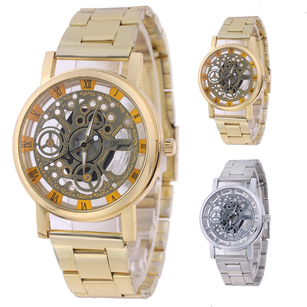 Lady Fashion Stainless Steel Band Hollow Dial Roman Numerals Quartz Wrist Watch