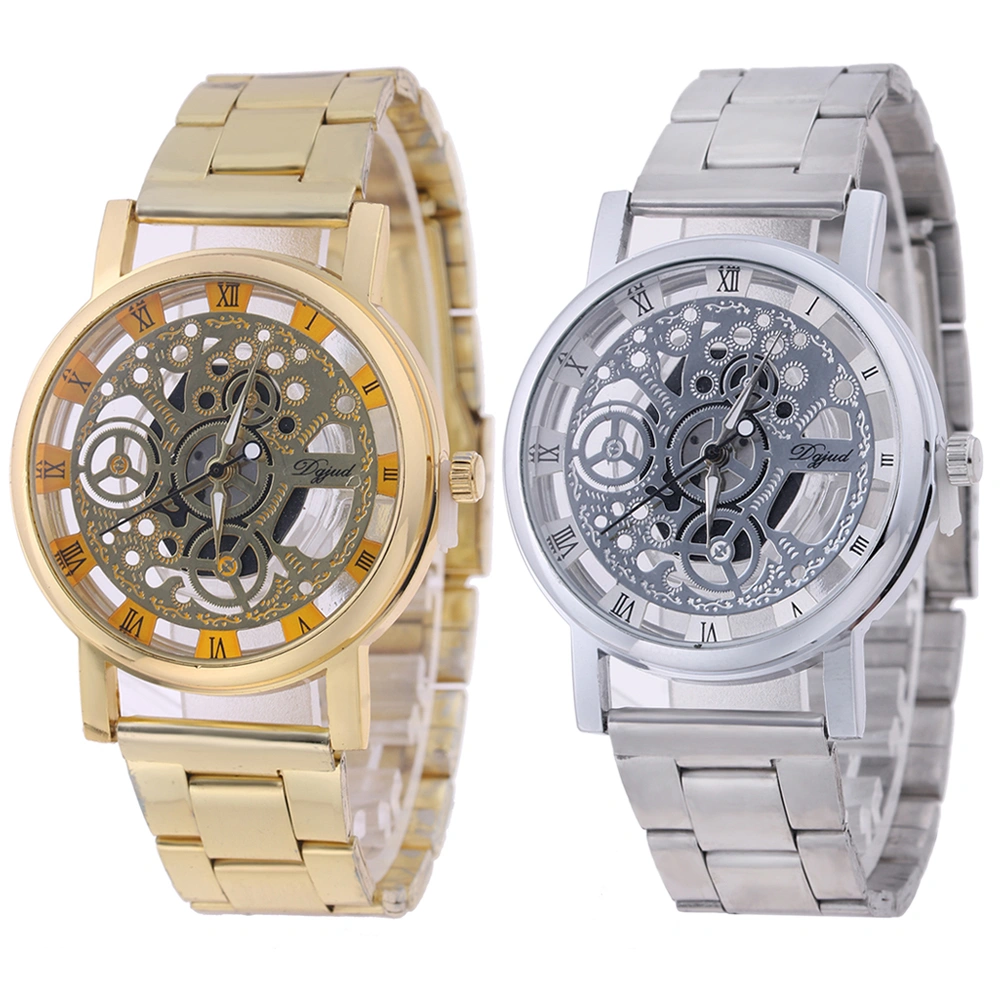 Lady Fashion Stainless Steel Band Hollow Dial Roman Numerals Quartz Wrist Watch