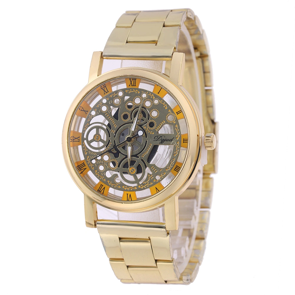 Lady Fashion Stainless Steel Band Hollow Dial Roman Numerals Quartz Wrist Watch