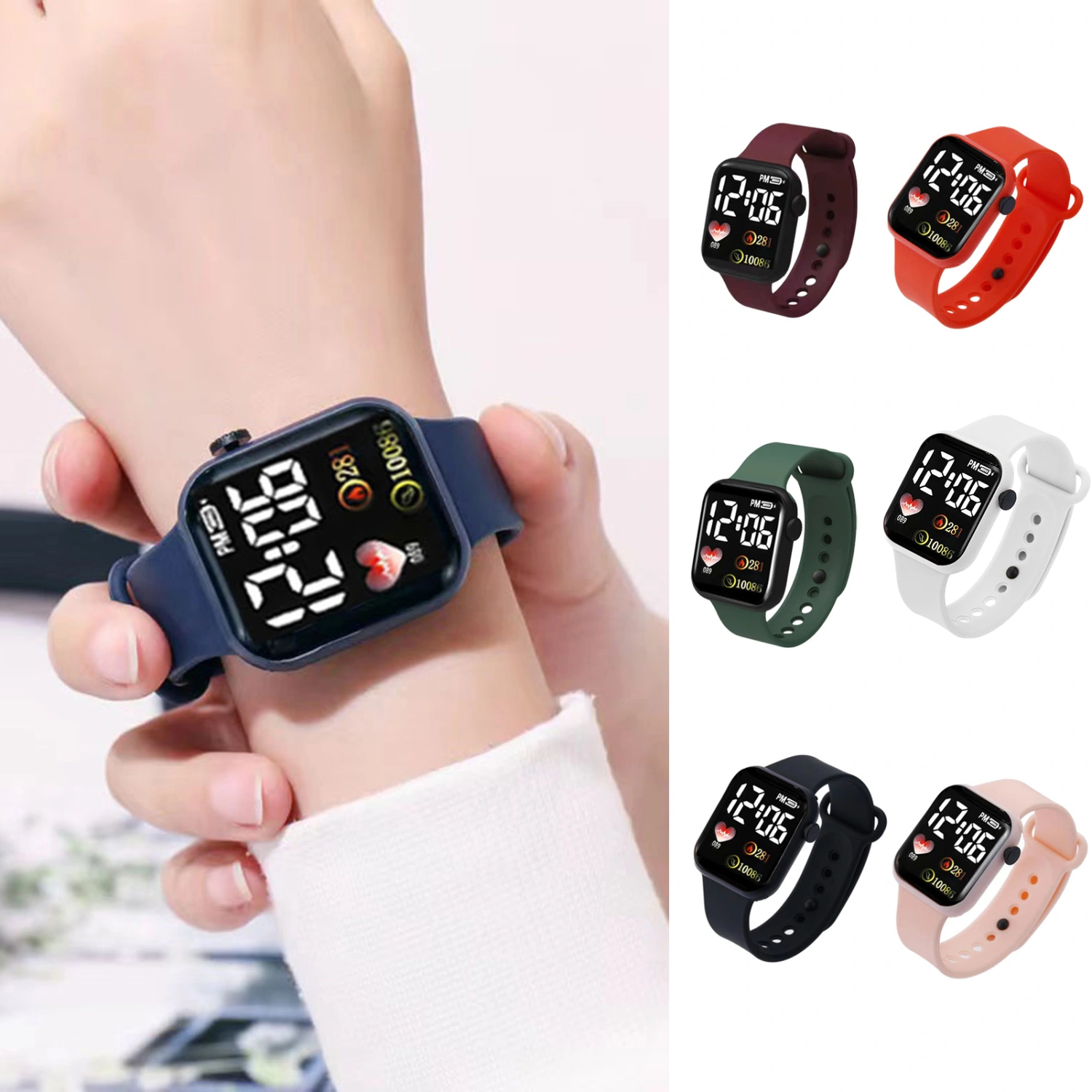 Electronic Watch Luminous Square Dial Waterproof Adjustable Comfortable Precise Time Heart Print Kids LED Digital Sport Wrist Watch for Daily Wear