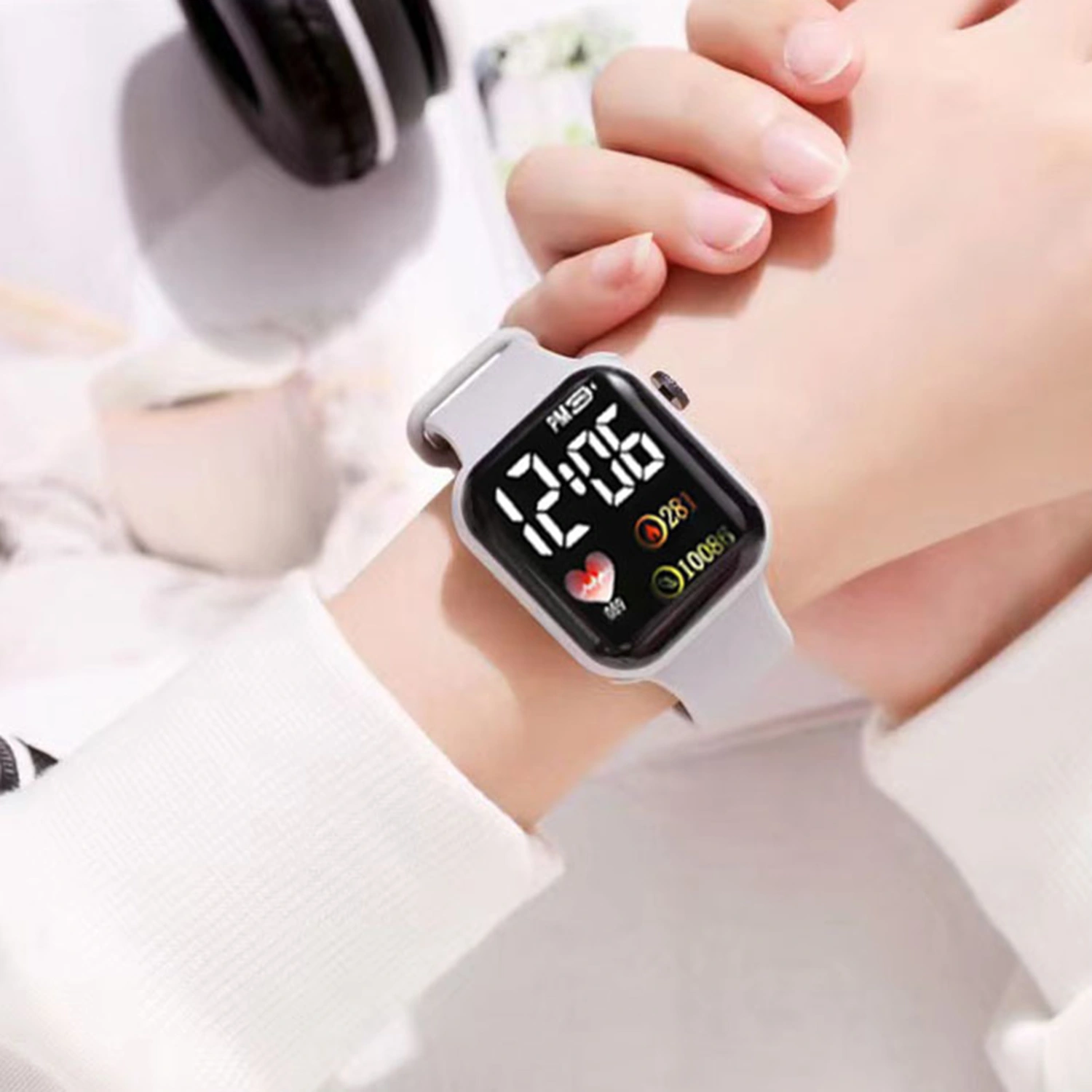 Electronic Watch Luminous Square Dial Waterproof Adjustable Comfortable Precise Time Heart Print Kids LED Digital Sport Wrist Watch for Daily Wear