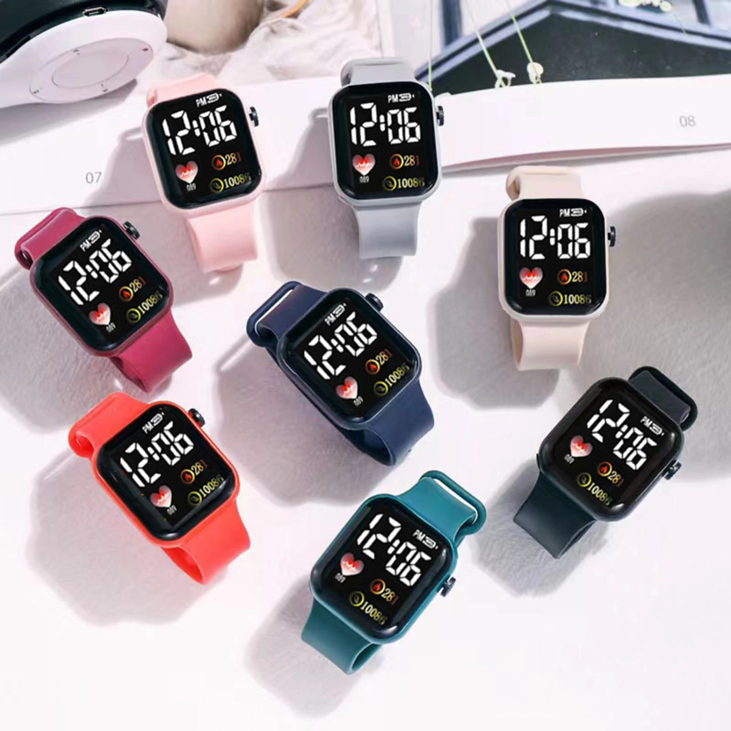 Electronic Watch Luminous Square Dial Waterproof Adjustable Comfortable Precise Time Heart Print Kids LED Digital Sport Wrist Watch for Daily Wear