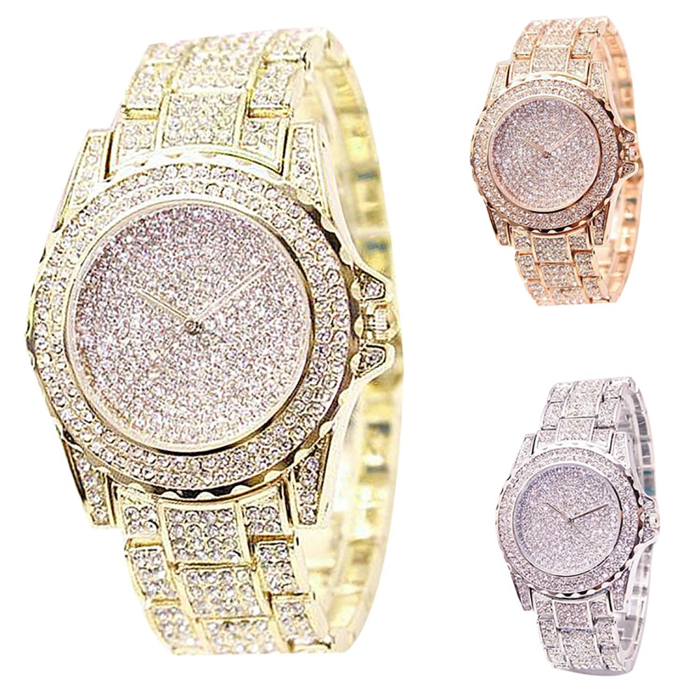Women Luxury Full Shiny Rhinestone Round Quartz Movement Wrist Watch Bracelet