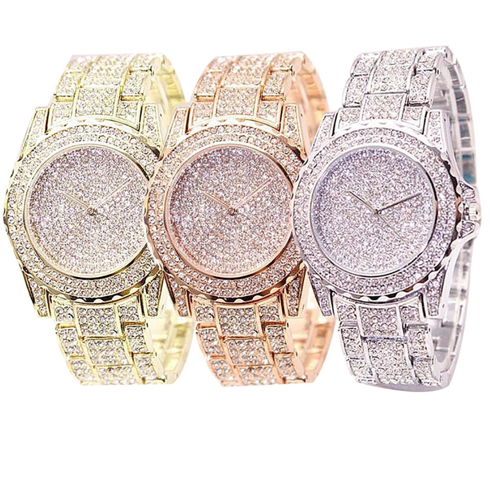 Women Luxury Full Shiny Rhinestone Round Quartz Movement Wrist Watch Bracelet