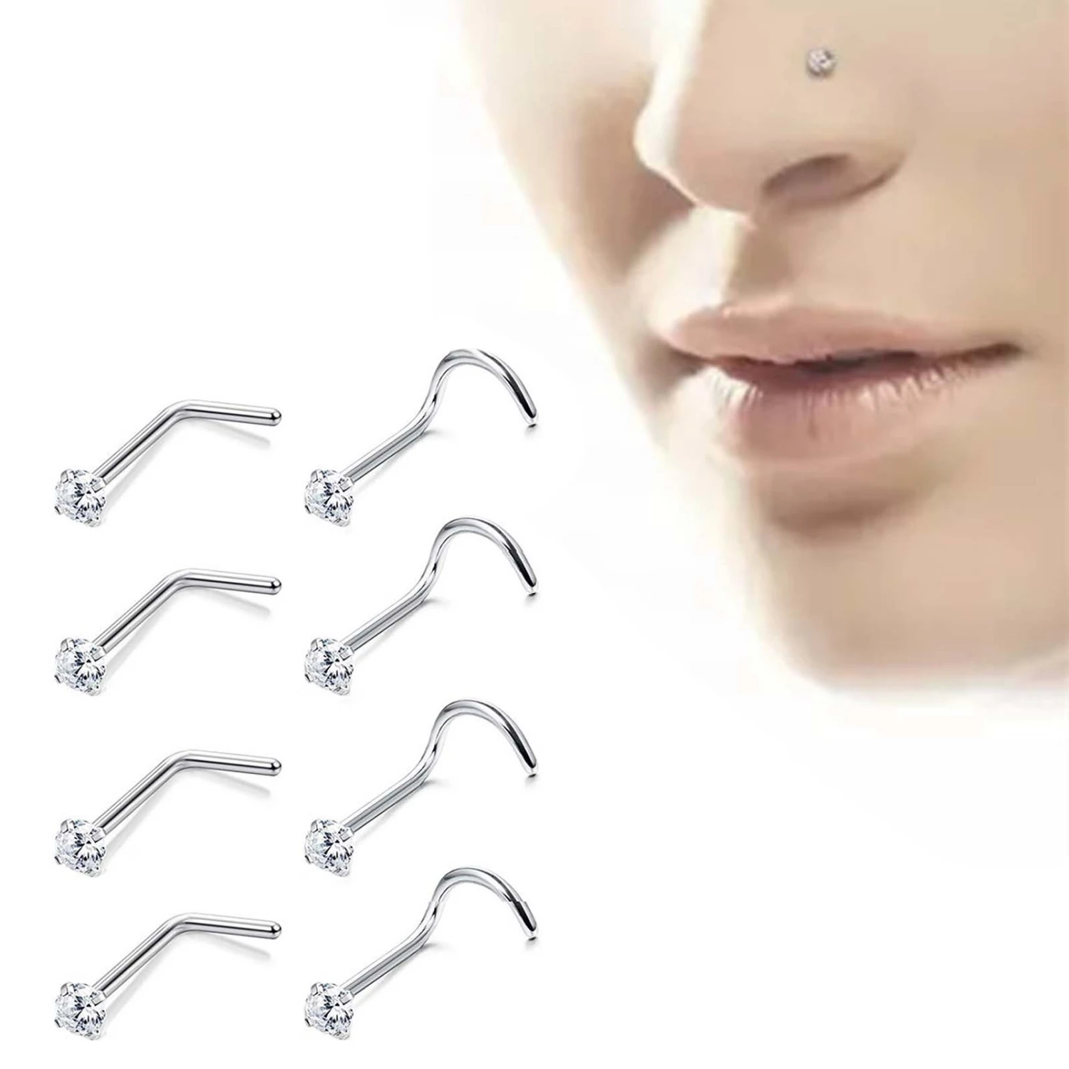 1Pc Exquisite Polishing Nose Ring Number Shaped Titanium Steel Cubic Zirconia Nose Stud for Party