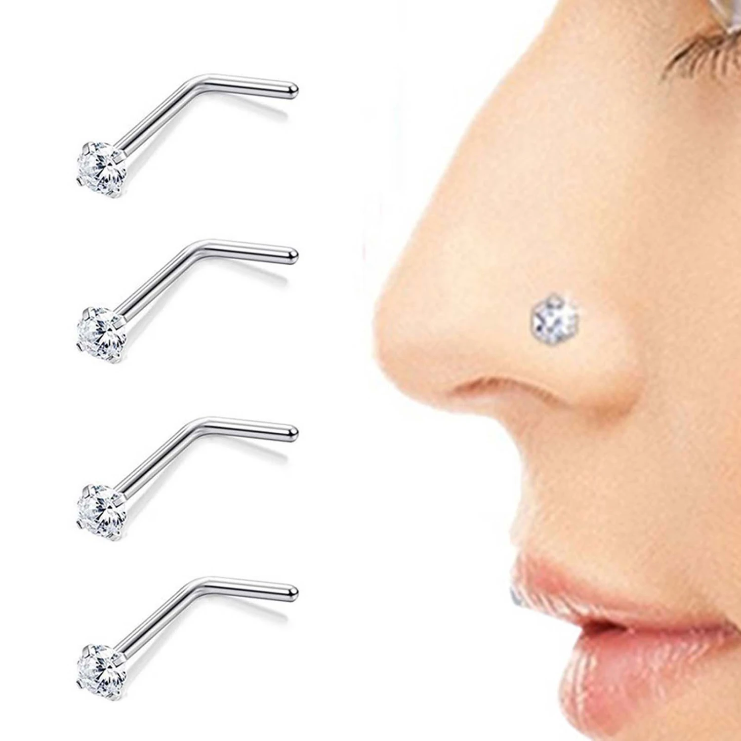 1Pc Exquisite Polishing Nose Ring Number Shaped Titanium Steel Cubic Zirconia Nose Stud for Party