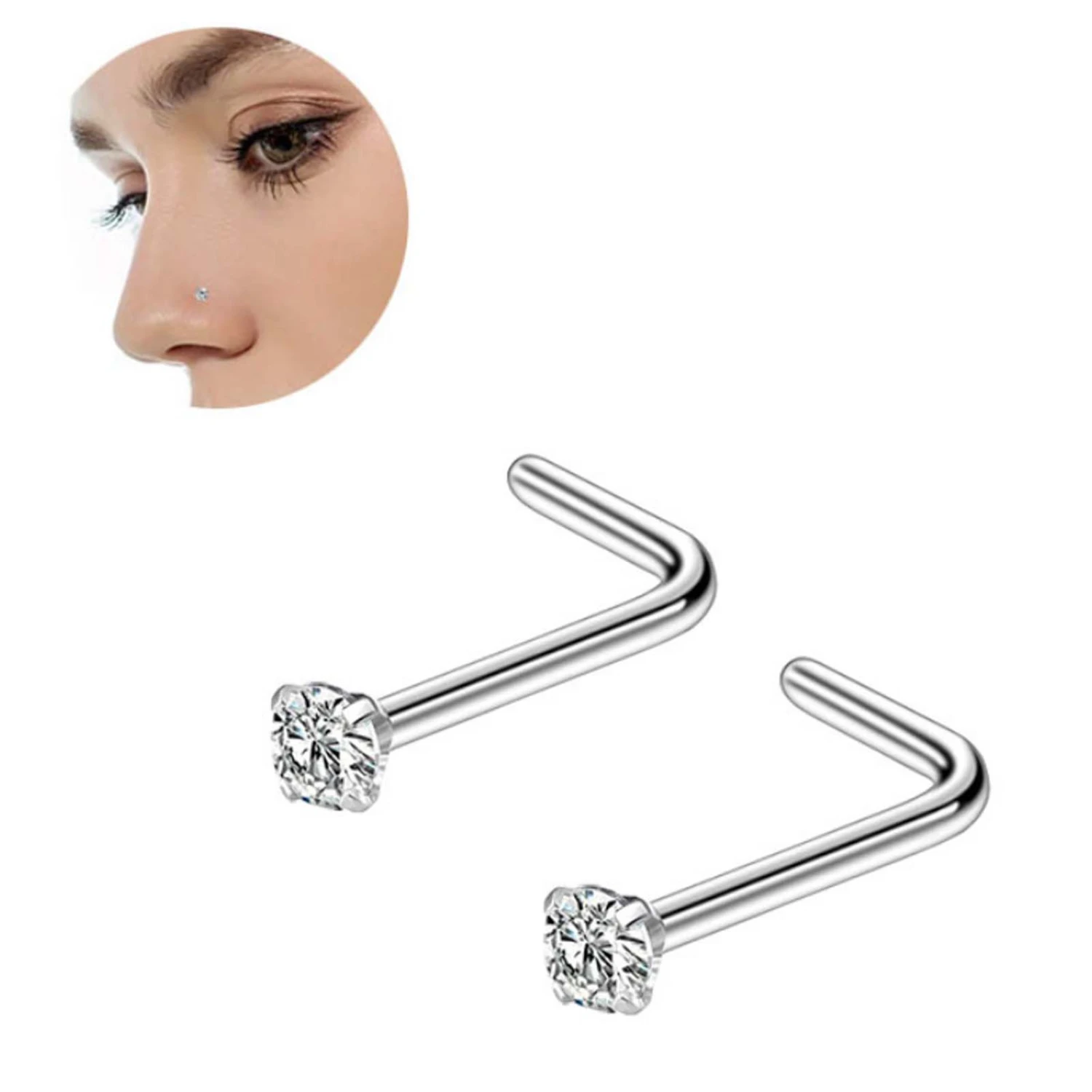 1Pc Exquisite Polishing Nose Ring Number Shaped Titanium Steel Cubic Zirconia Nose Stud for Party