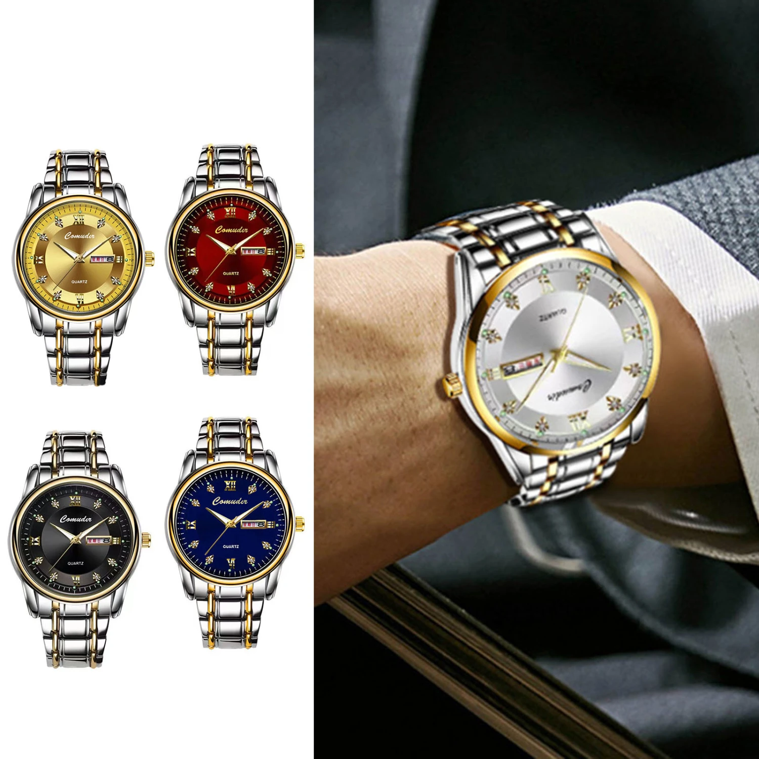Men Quartz Watch Luminous Waterproof Roman Numeral Pointer Display Precise Calendar Stainless Steel Belt Male Casual Fashion Quartz Wristwatch for Work