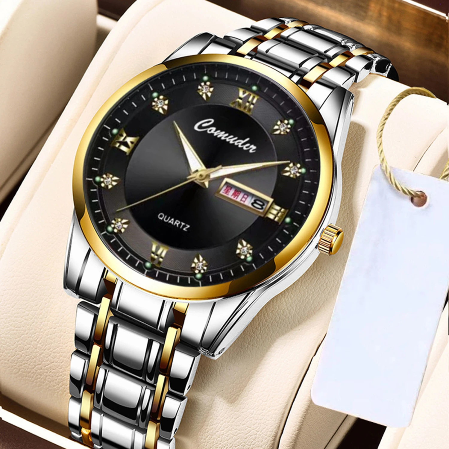Men Quartz Watch Luminous Waterproof Roman Numeral Pointer Display Precise Calendar Stainless Steel Belt Male Casual Fashion Quartz Wristwatch for Work