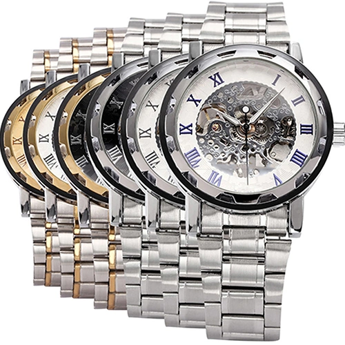 Men Skeleton Roman Numerals Hollow Dial Stainless Steel Band Mechanical Watch