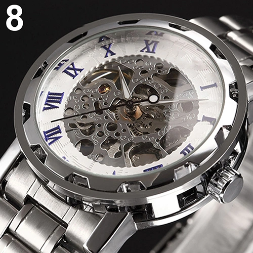 Men Skeleton Roman Numerals Hollow Dial Stainless Steel Band Mechanical Watch
