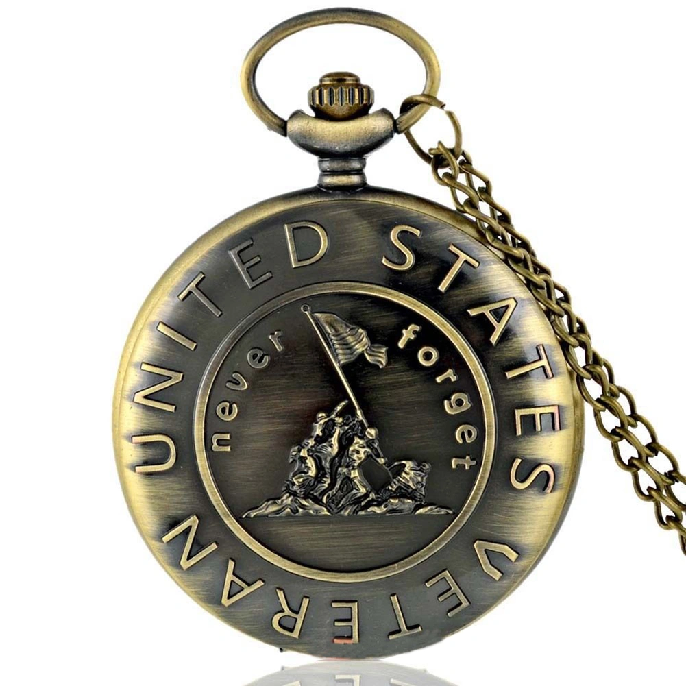 Vintage US Veteran Army Bronze Pocket Watch Quartz Necklace Pendant Antique Gift