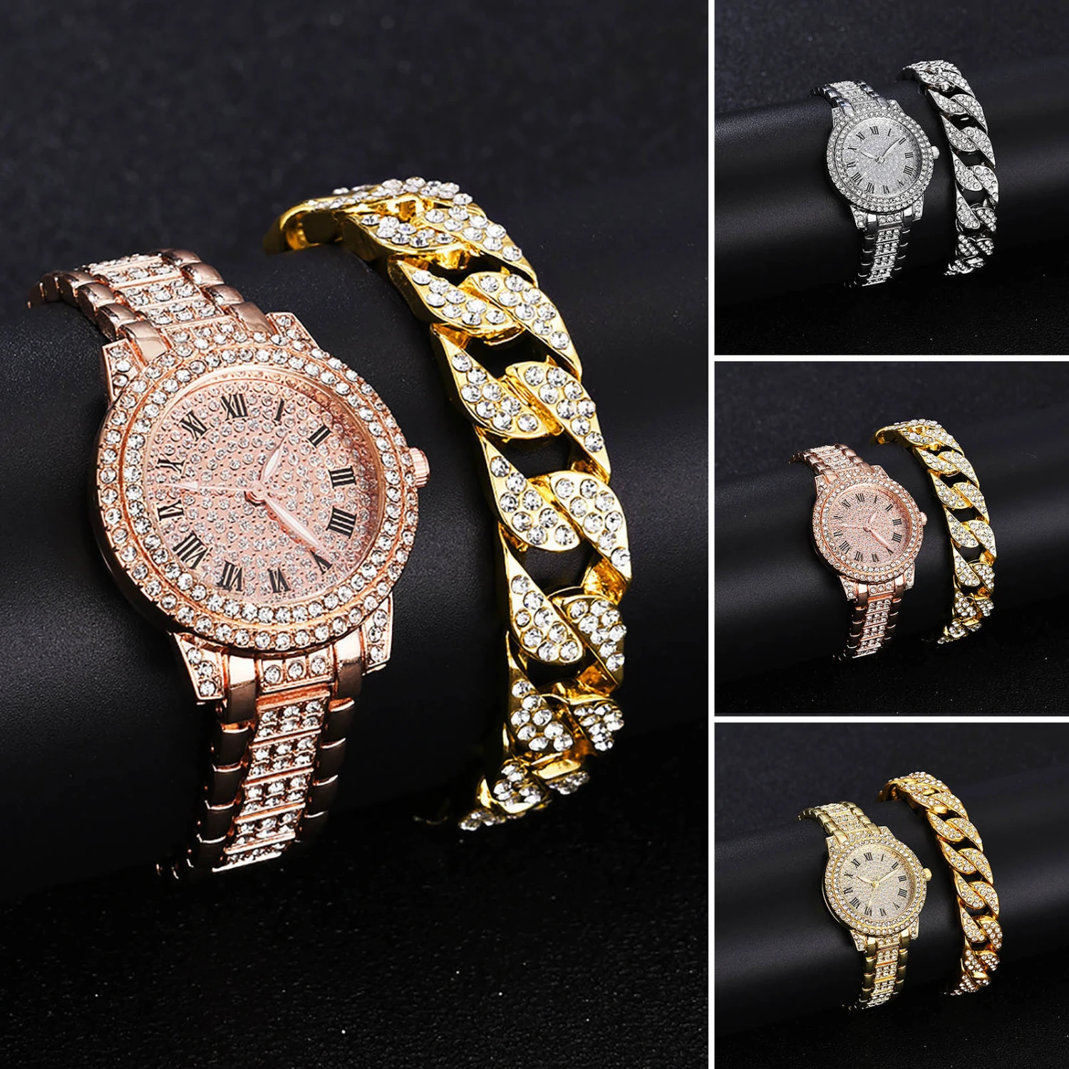 2Pcs/Set Watch Bracelet Kit Round Dial Pointer Display Accurate Adjustable Comfortable Decoration Gift Women Full Rhinestones Quartz Watch Bangle for Party
