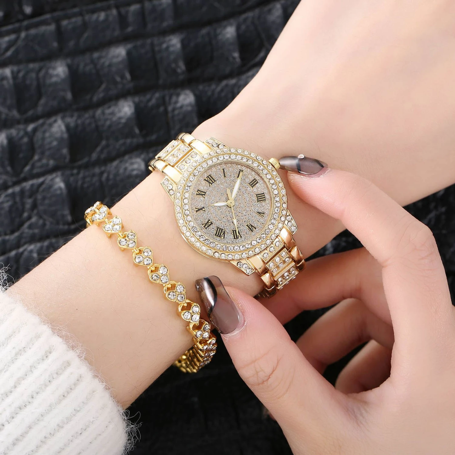 2Pcs/Set Watch Bracelet Kit Round Dial Pointer Display Accurate Adjustable Comfortable Decoration Gift Women Full Rhinestones Quartz Watch Bangle for Party