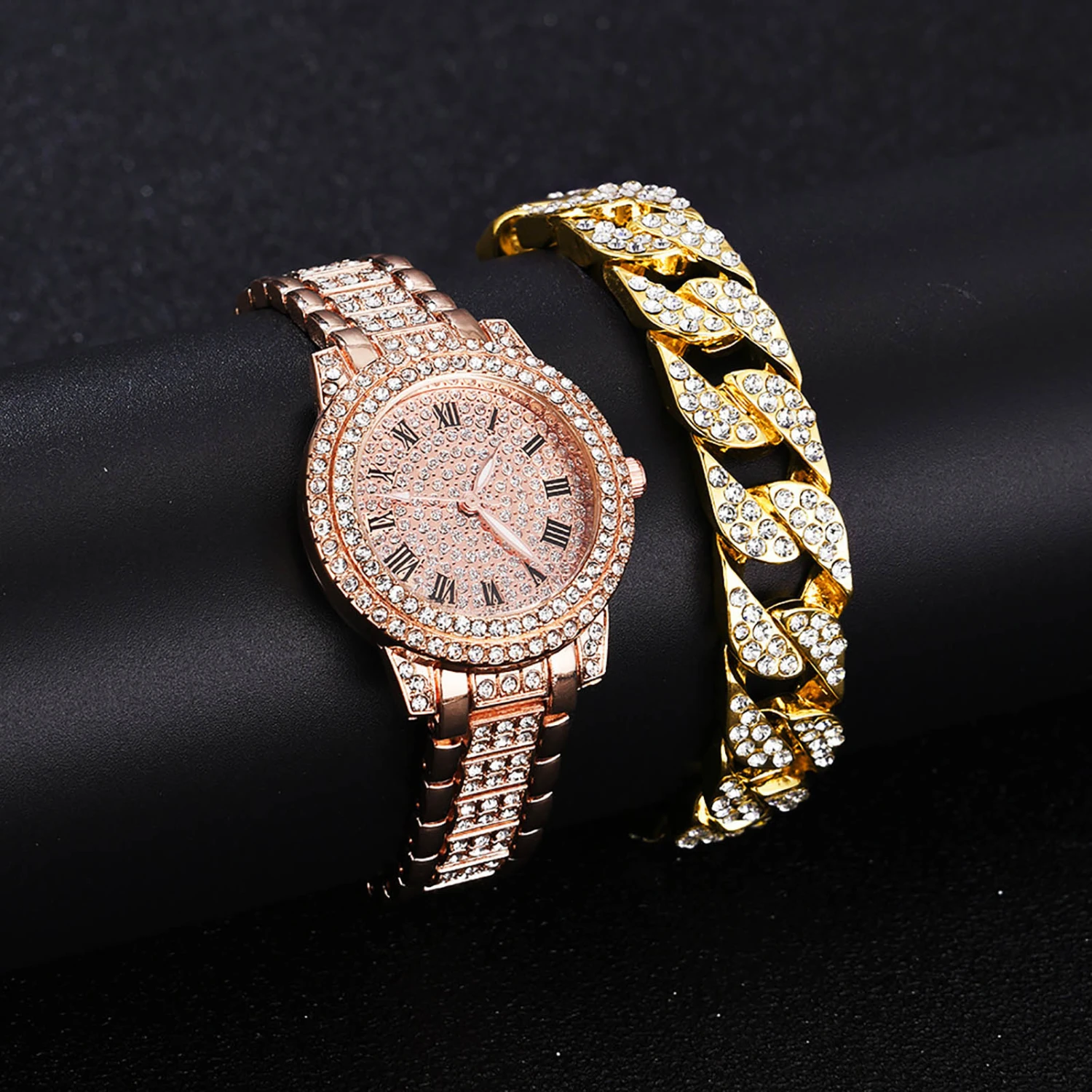 2Pcs/Set Watch Bracelet Kit Round Dial Pointer Display Accurate Adjustable Comfortable Decoration Gift Women Full Rhinestones Quartz Watch Bangle for Party