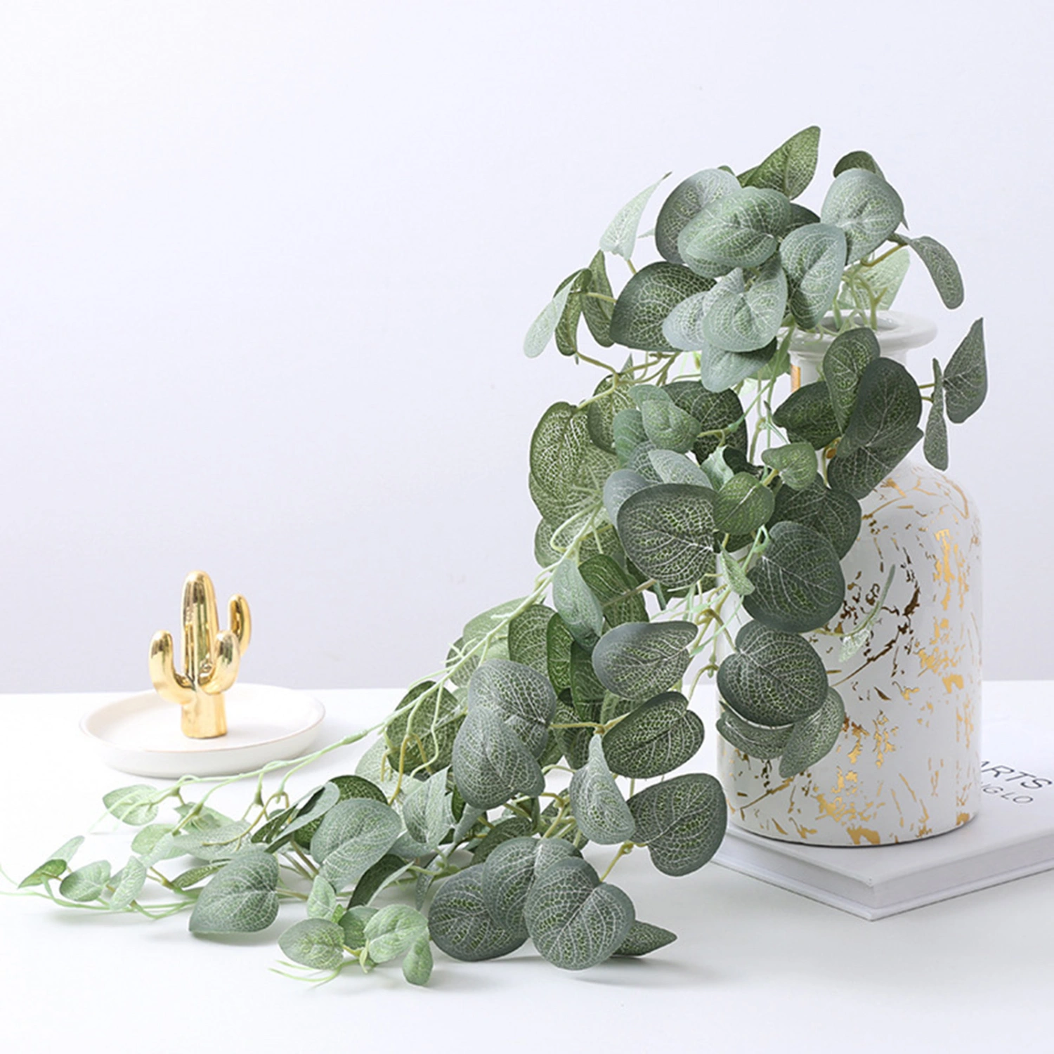 1 Branch Artificial Rattan Flexible Vivid Weather-resistant Decorative Fake Eucalyptus Leaves Vine Home Decoration