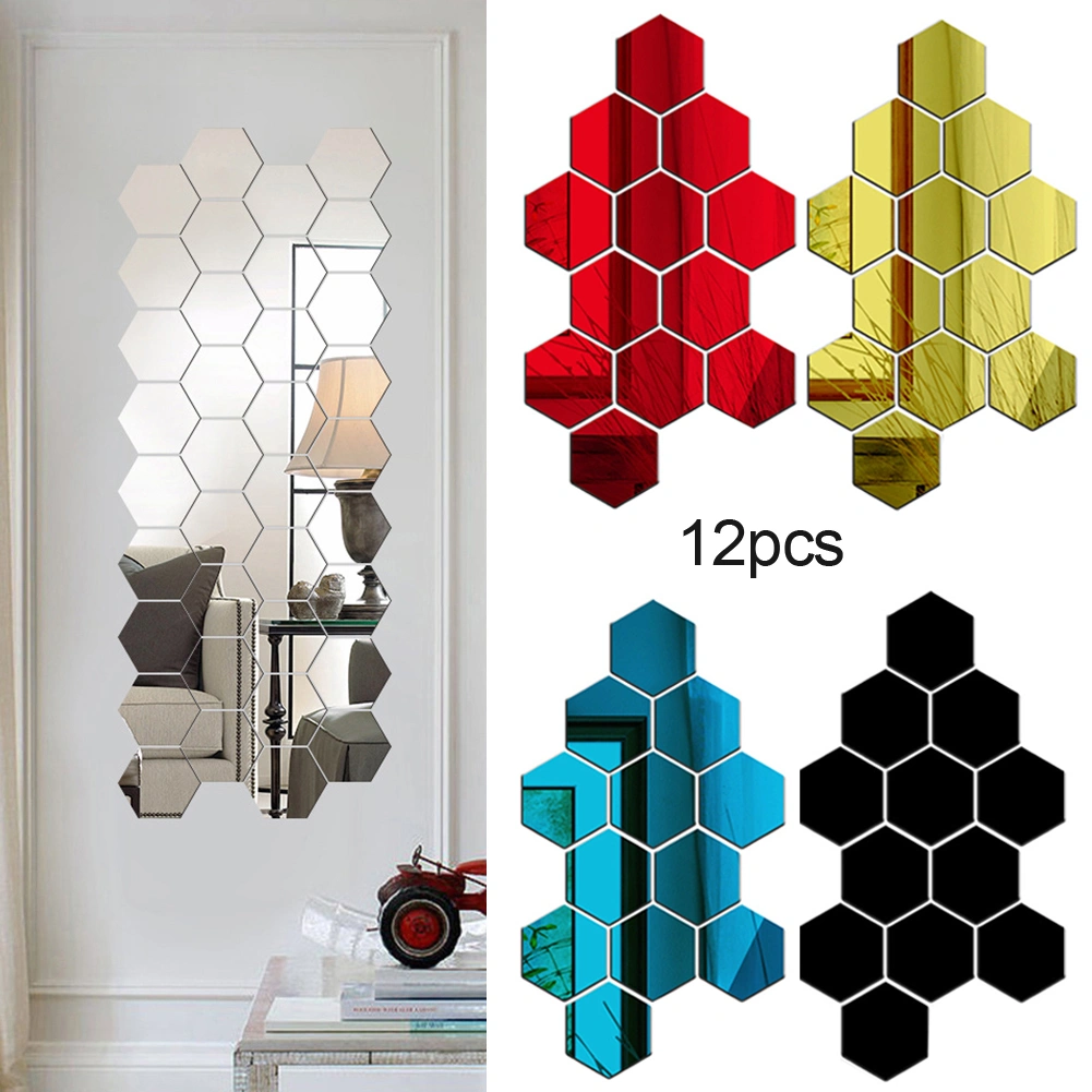 12Pcs Hexagon 3D Art Mirror Wall Stickers Home DIY Decoration Living Room Decal