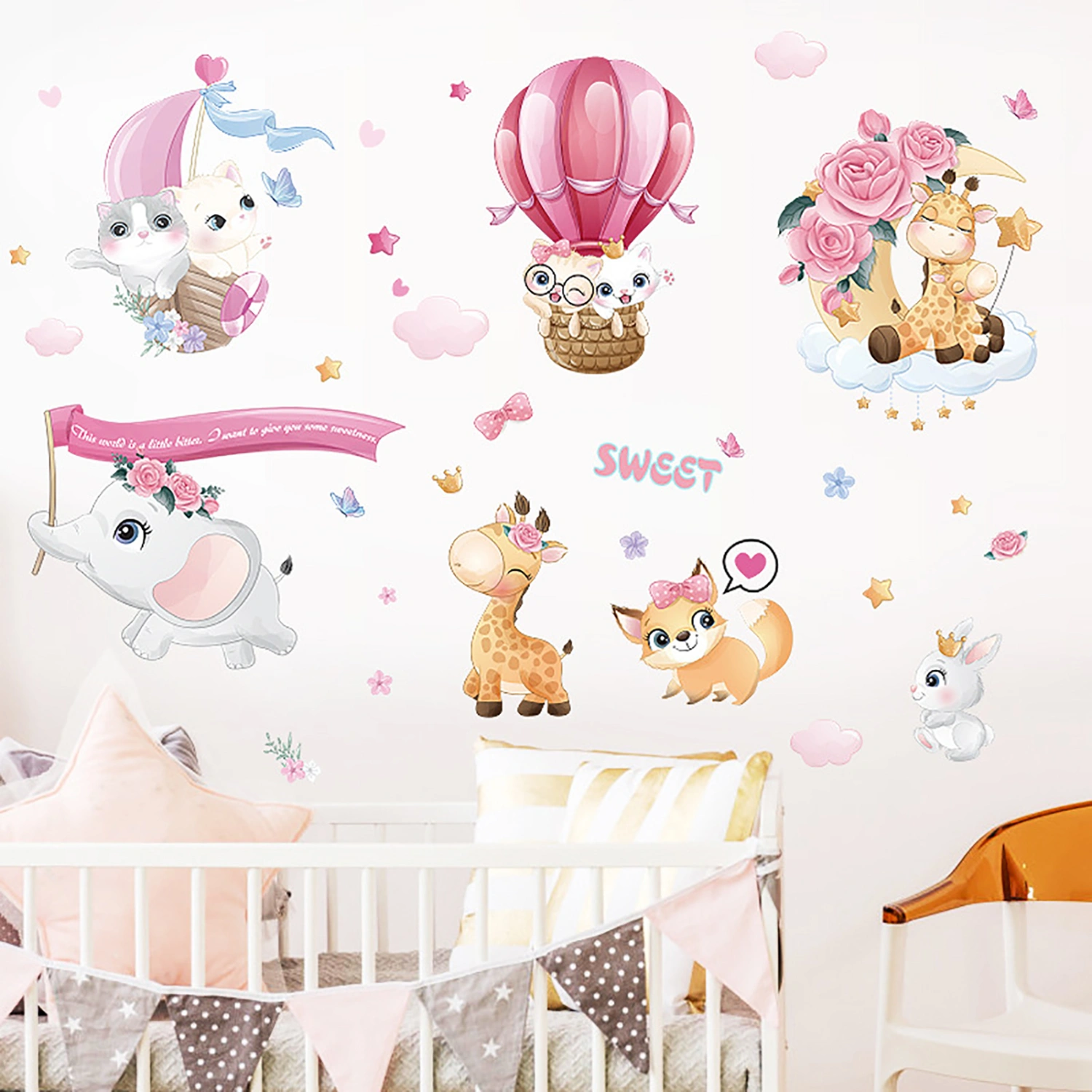 1 Set Wall Sticker Cartoon Balloon Pattern Reusable PVC Cartoon Animals Wall Sticker for Kids Room