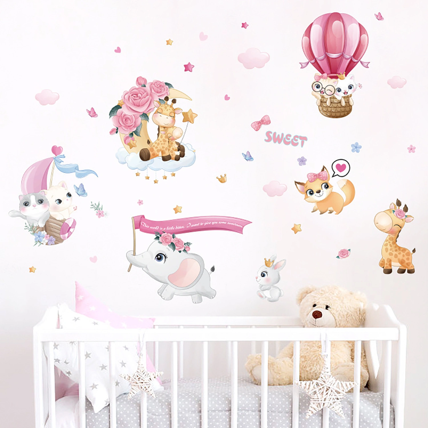 1 Set Wall Sticker Cartoon Balloon Pattern Reusable PVC Cartoon Animals Wall Sticker for Kids Room