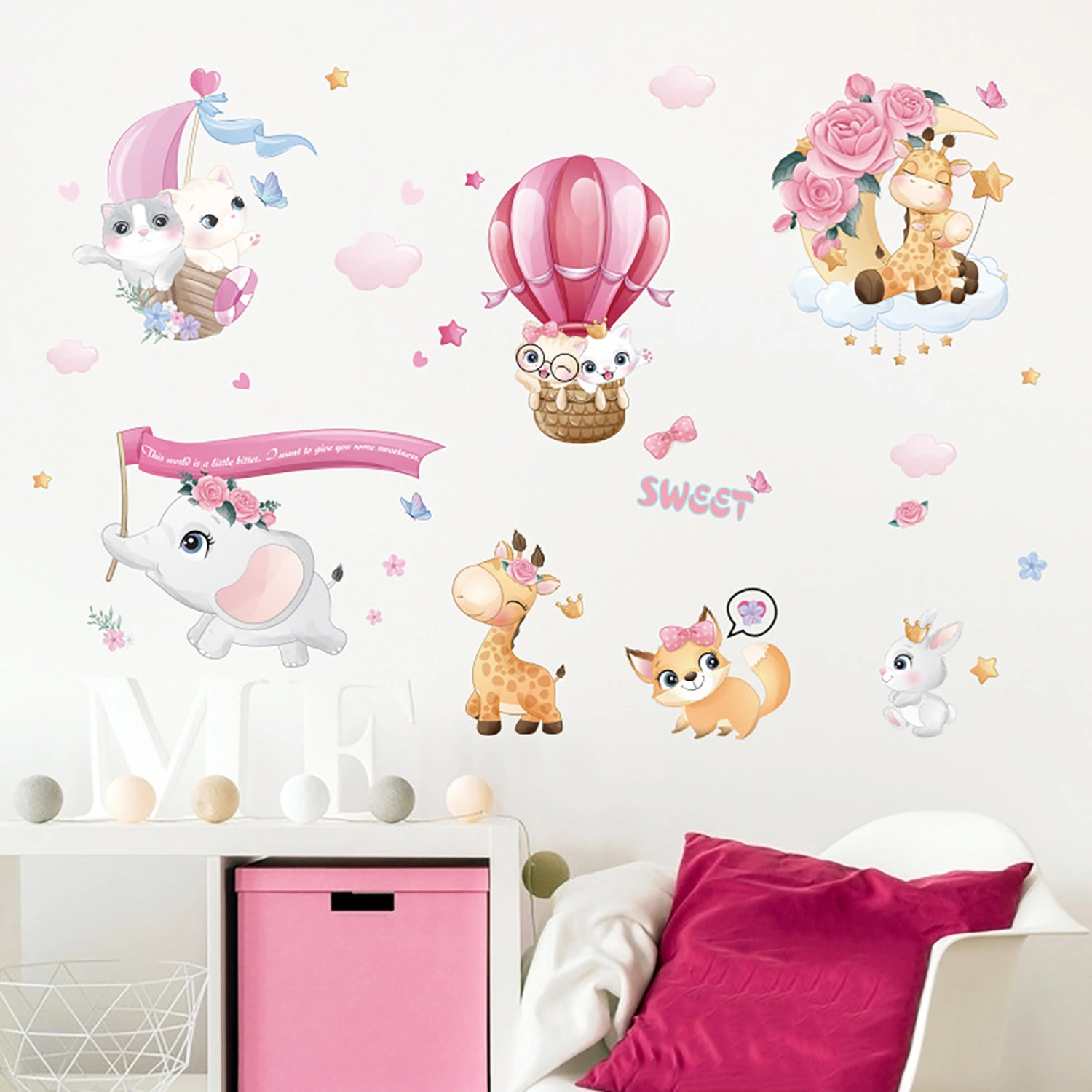 1 Set Wall Sticker Cartoon Balloon Pattern Reusable PVC Cartoon Animals Wall Sticker for Kids Room