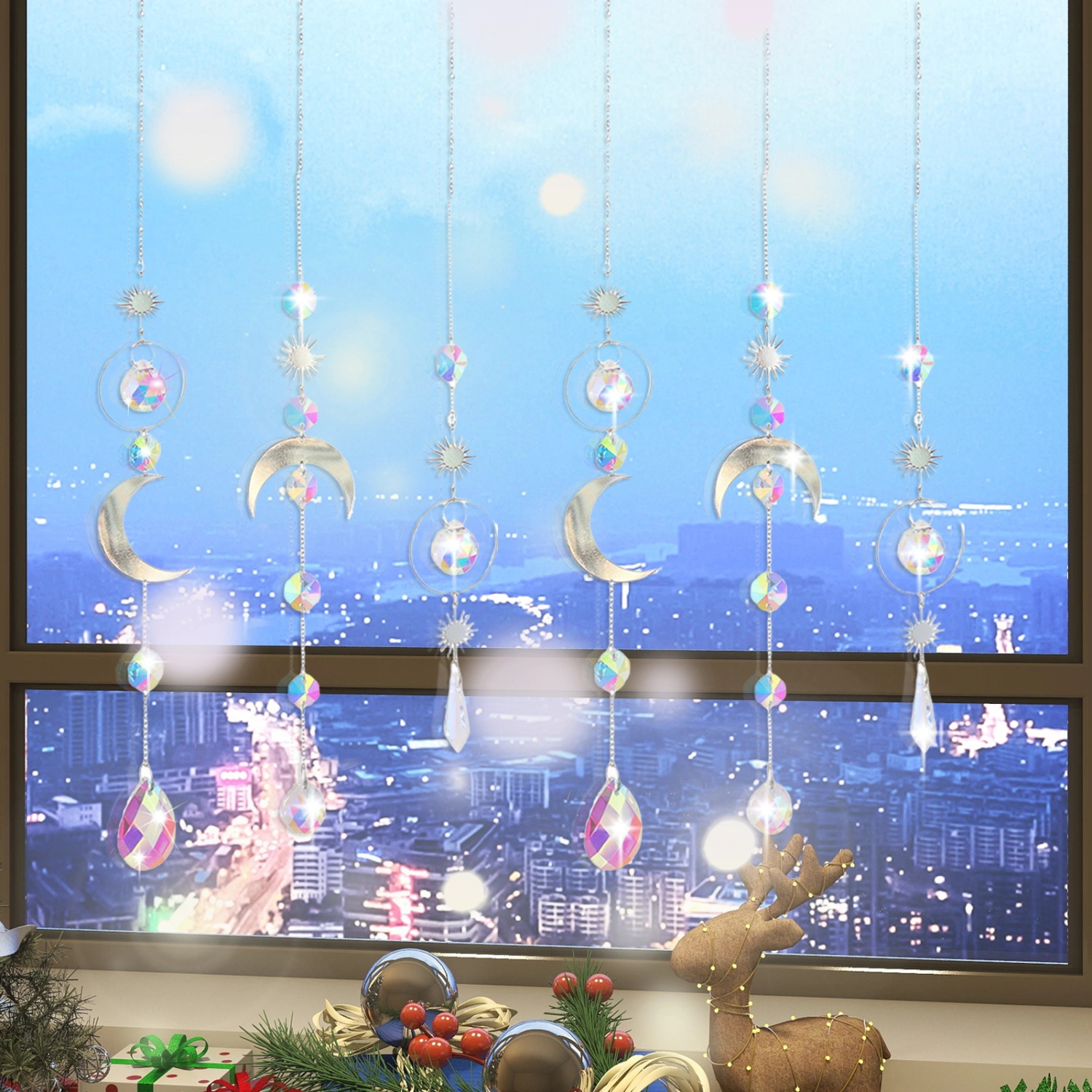Charming Suncatcher Hollow Out Nice-looking Star Moon Design Faux Crystal Rainbow Maker Home Decor
