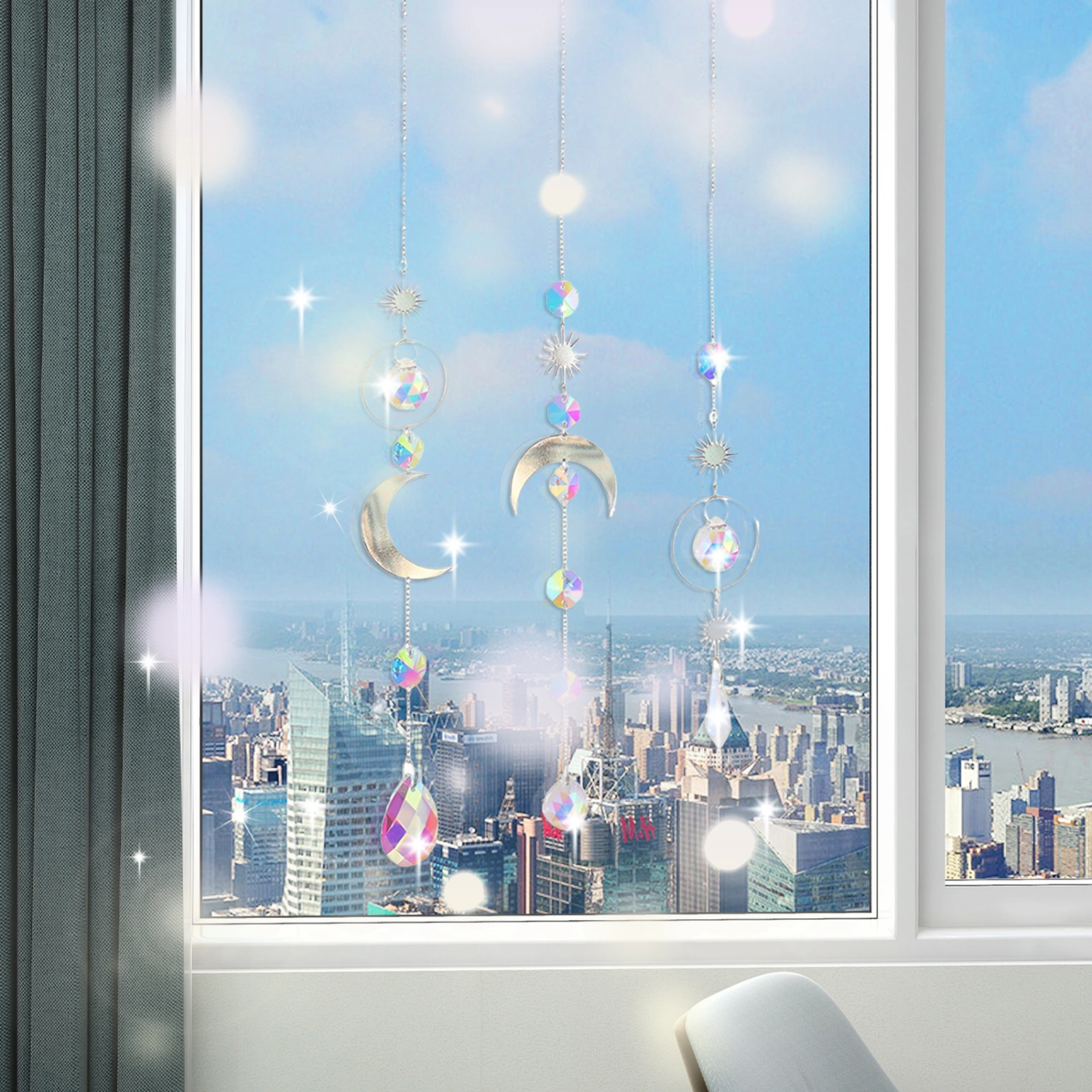 Charming Suncatcher Hollow Out Nice-looking Star Moon Design Faux Crystal Rainbow Maker Home Decor