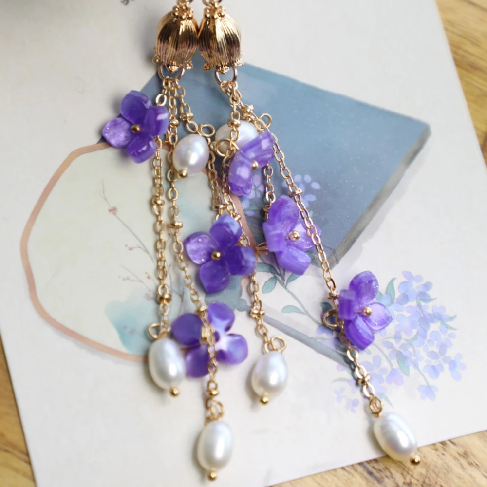 Purple Embroidered Ball Long Tassel Ear Clip Niche