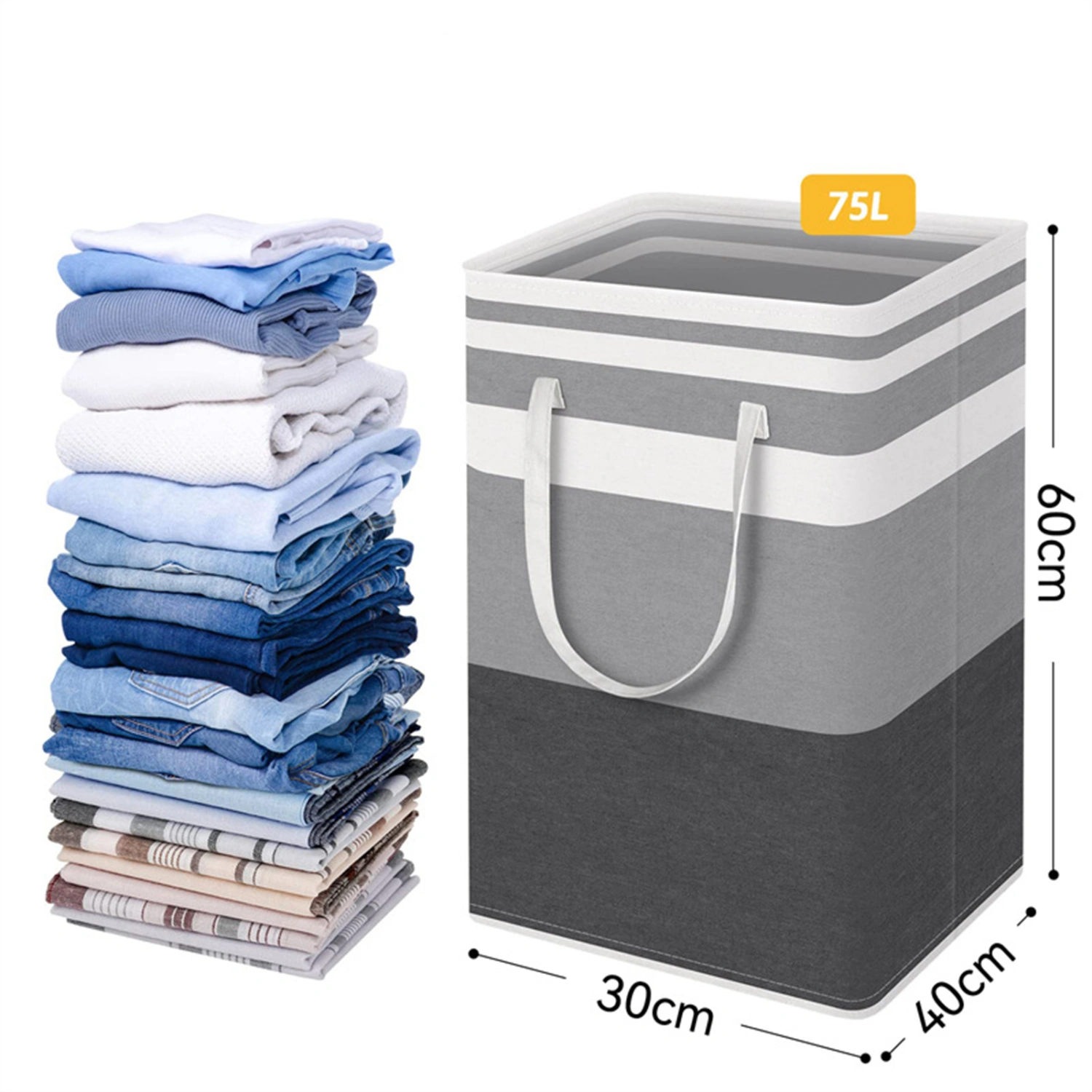 75000ml Laundry Basket with Double Handle Striped Printing Collapsible Dirty Clothes Hamper Bathroom Gadget for Daily Use