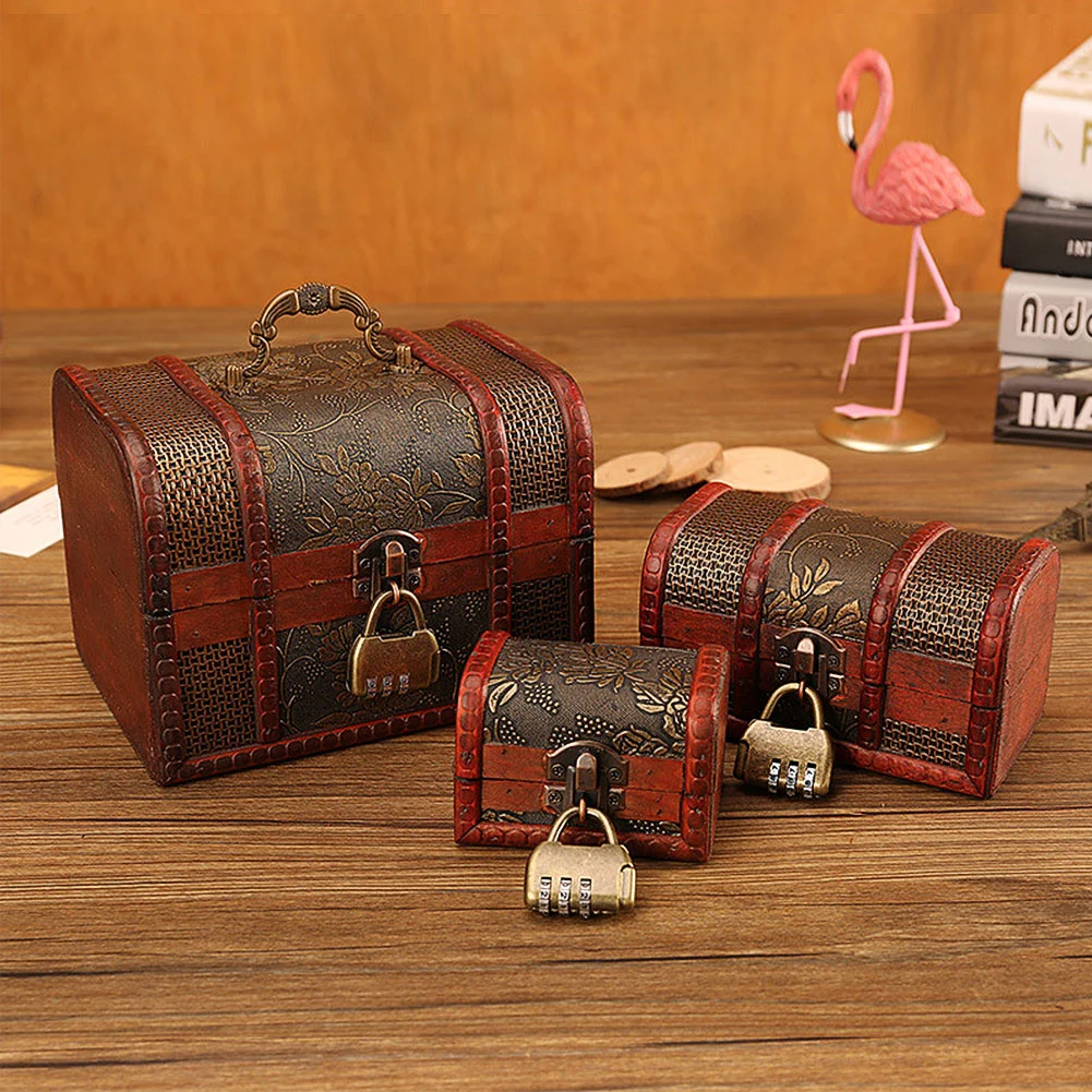 Vintage Wood Lock Storage Box Jewelry Bracelet Pearl Ring Case Chest Organizer