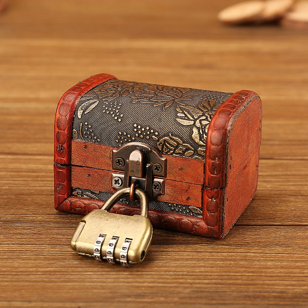 Vintage Wood Lock Storage Box Jewelry Bracelet Pearl Ring Case Chest Organizer