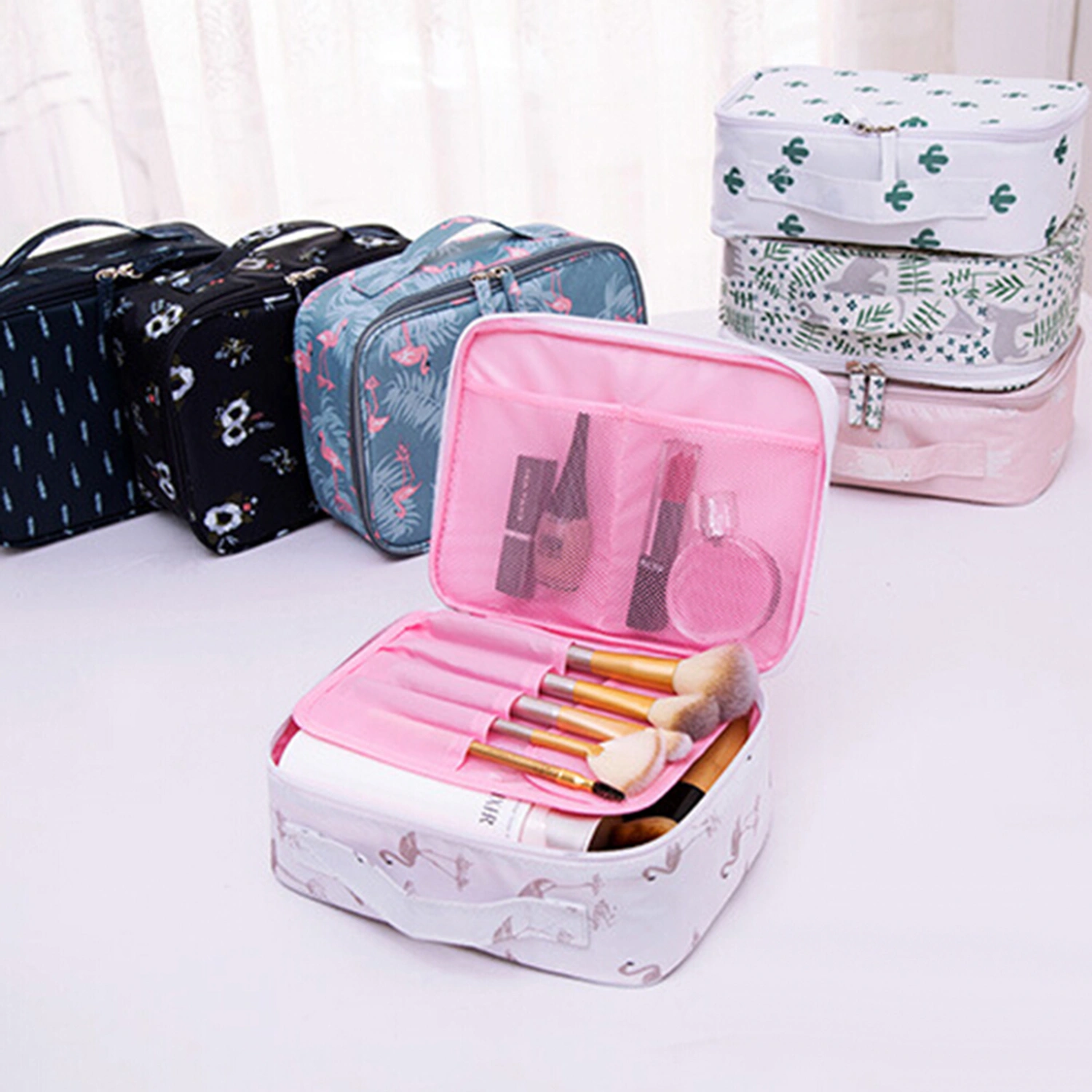 Portable Foldable Floral Print Makeup Brushes Holder Storage Pouch Cosmetic Bag