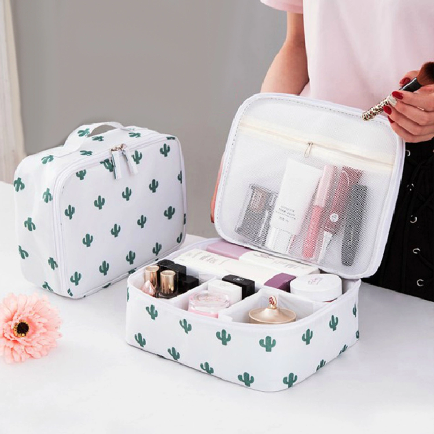 Portable Foldable Floral Print Makeup Brushes Holder Storage Pouch Cosmetic Bag