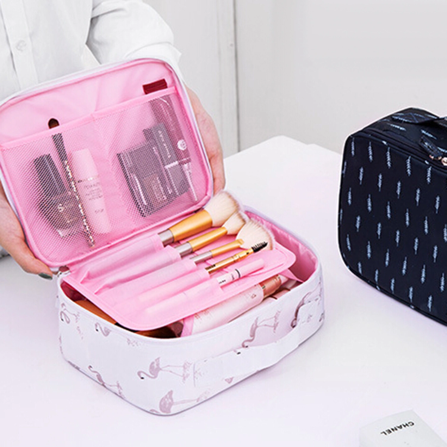 Portable Foldable Floral Print Makeup Brushes Holder Storage Pouch Cosmetic Bag