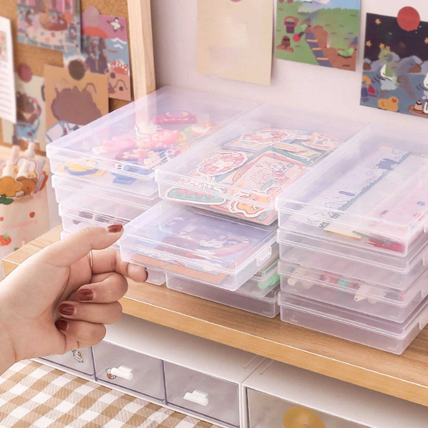 Pencil Box Transparent Multifunctional Plastic Art Satchel Storage Case School Supplies