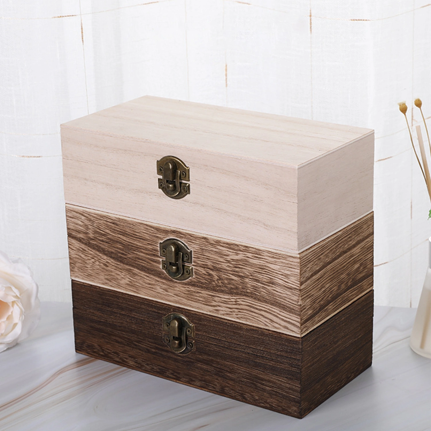 Jewelry Box Decorative Retro Wood Solid Color Trinket Case for Table